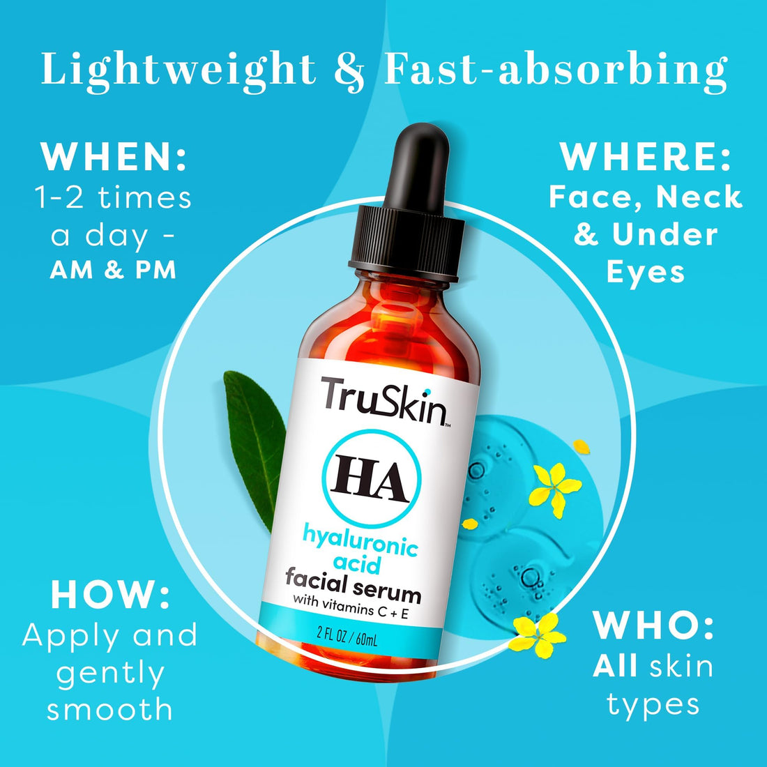 TruSkin Hyaluronic Acid Serum for Face + 7 Ultra Hydrating Ingredients – Best Face Serum for Moisturizing, Plumping & Smoothing of Fine Lines and Wrinkles, 1 fl oz
