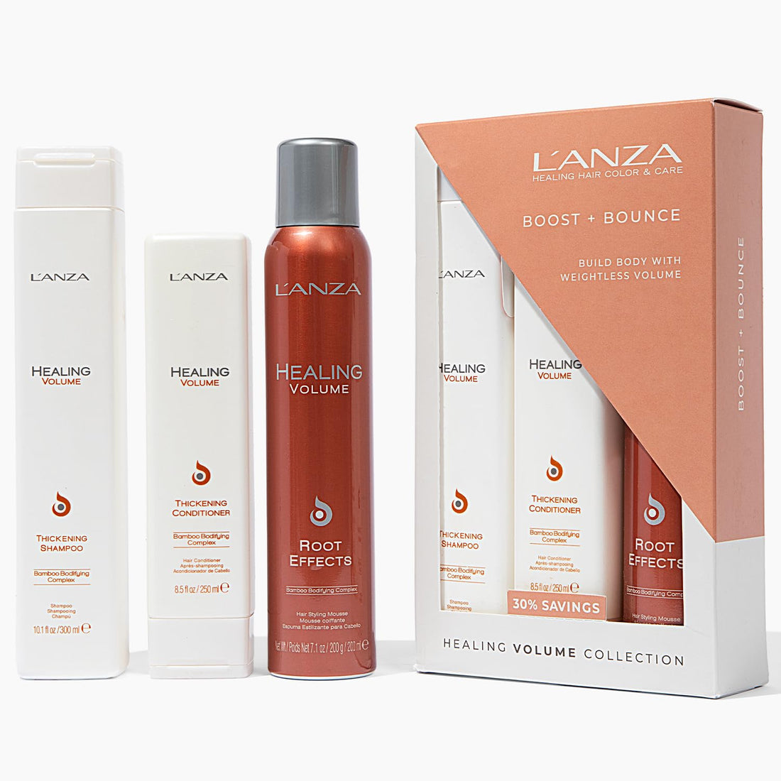 L'ANZA Healing Volume Trio Hair Kit, Thickening Shampoo and Conditioner with Root Effects Mousse Hairspray in a Gift Box, Luxury Hair Care Kit for Hair Volume (10.1/8.5/6.8 Fl Oz)