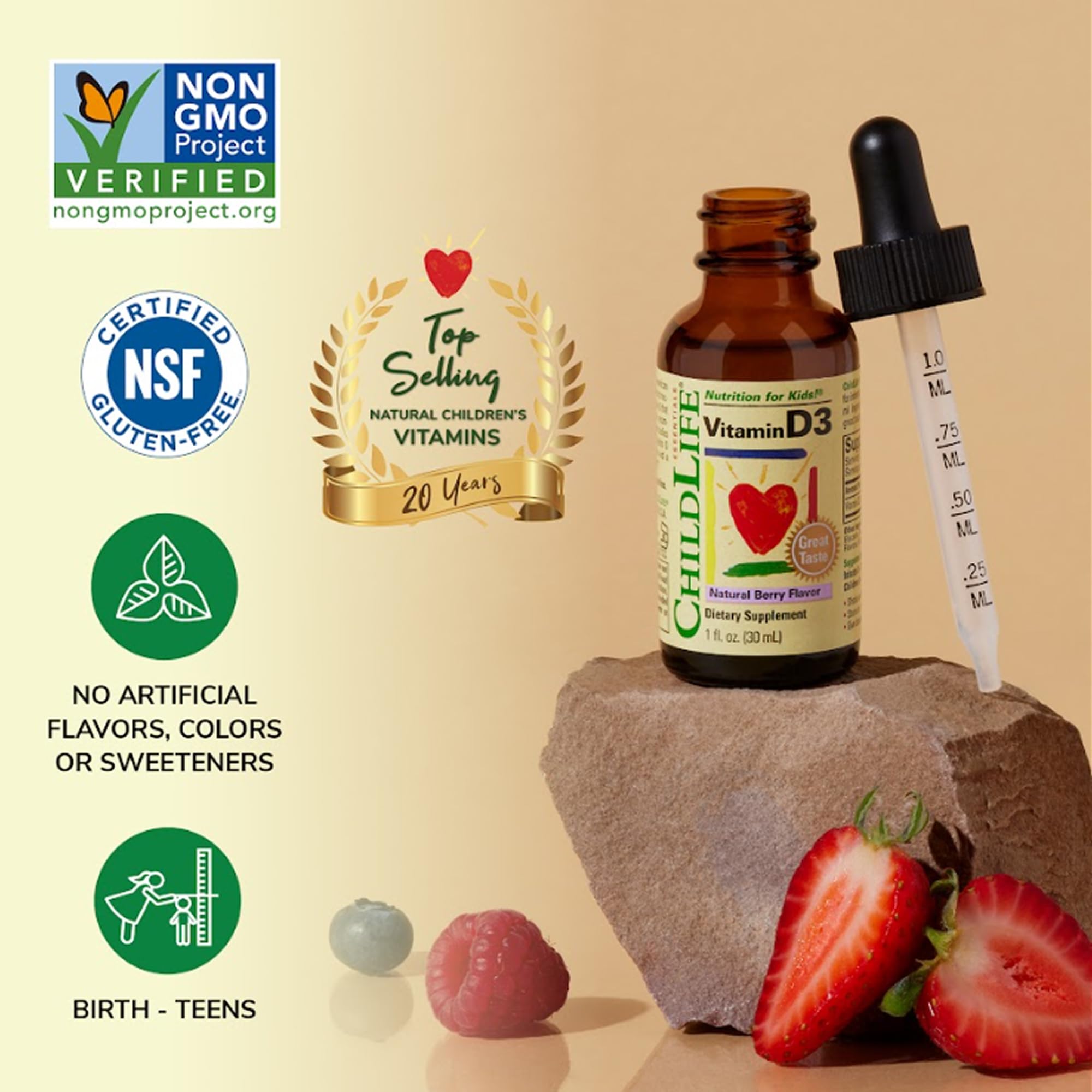 CHILDLIFE ESSENTIALS Vitamin D3 Drops - Vitamin D Drops for Infants, Baby Vitamin D Drops, Liquid Vitamin D for Kids, Toddlers 1-3, Children, 500 IU Per Serving - Natural Berry, 1 Fl Oz (Pack of 3)