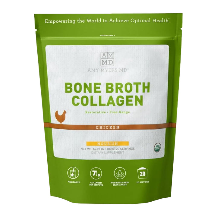 Amy Myers MD Bone Broth Collagen Powder - Type II Collagen Protein Powder from Organic Chicken Bone Broth - Supports Hair, Skin, Nails, Bones & Joints Health - Keto Friendly, 20 Servings (Chicken)