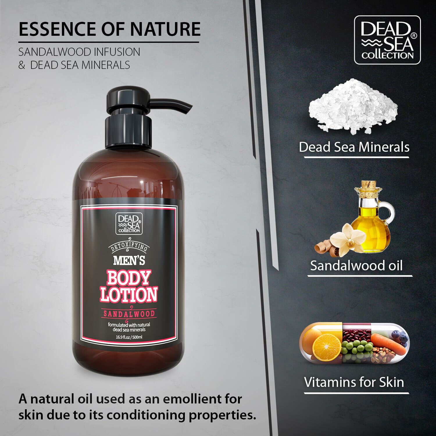 Dead Sea Collection Sandalwood Men's Body Lotion - Maximum Hydration Nourishing Moisturizing Lotion for Men - 16.9 Fl Oz Bottle