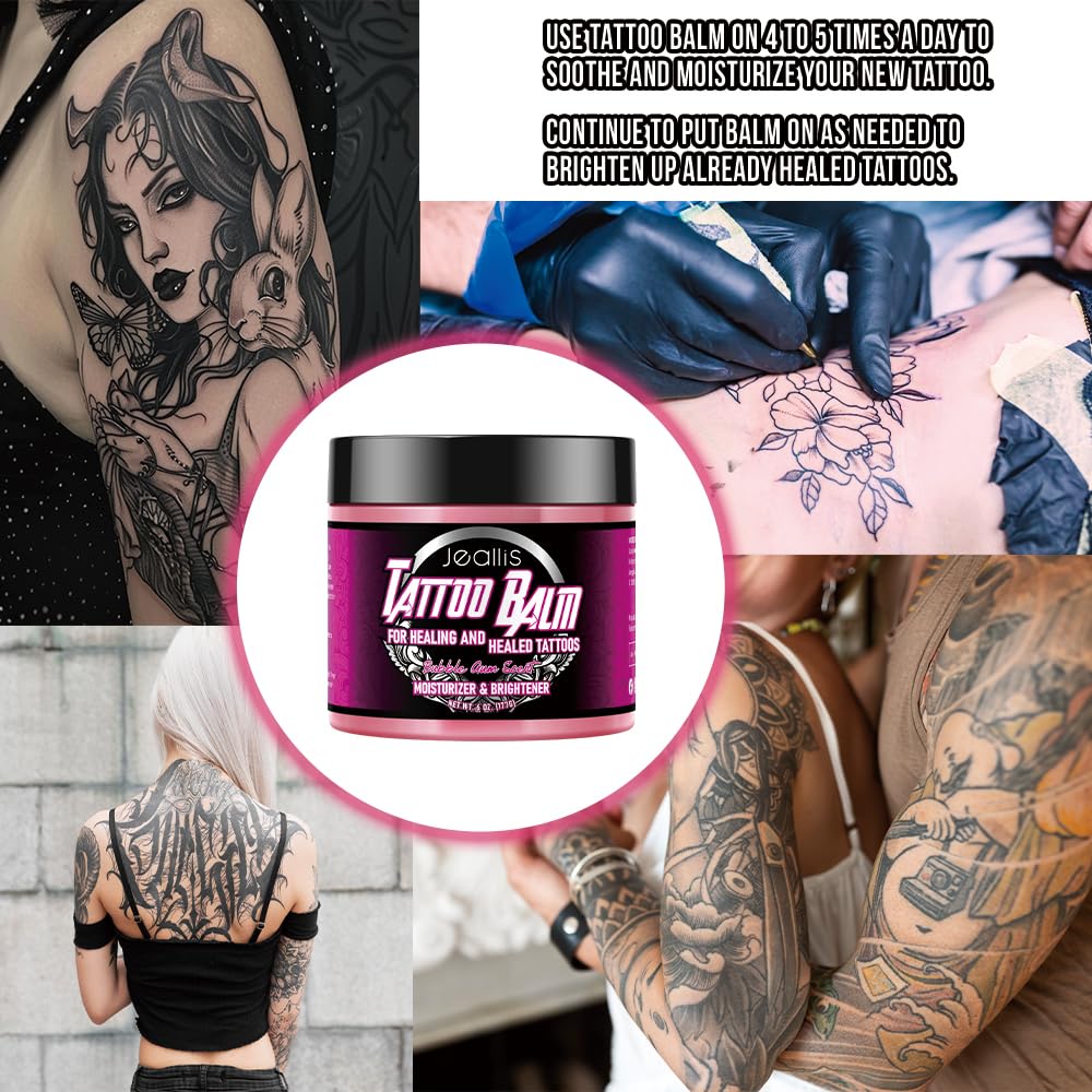 Jeallis Pink Tattoo Ointment for Artists and Aftercare, Tattoo Balm for Before, During & Post Tattoo Safe, Natural Tattoo Aftercare Cream Lotion, Bubble Gum, No-Petroleum, 6oz