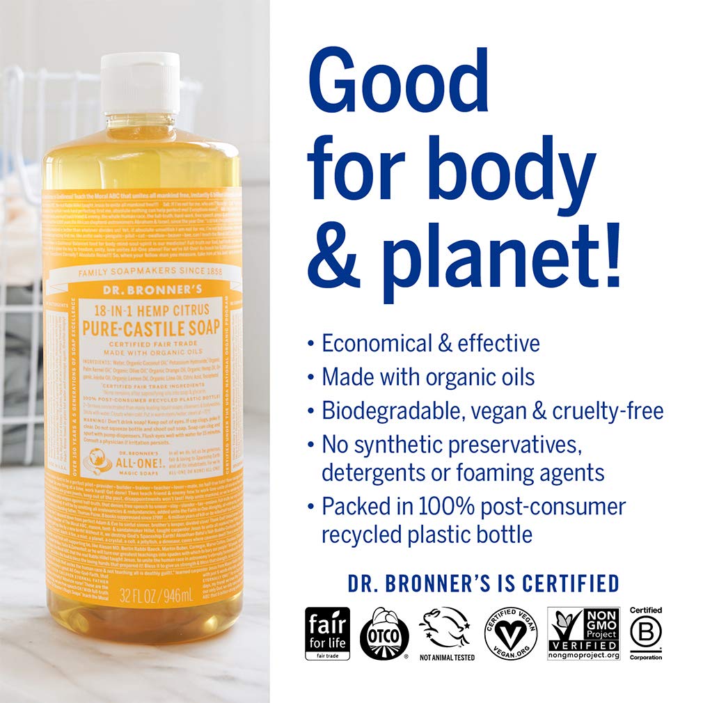 Dr. Bronner's - Pure-Castile Liquid Soap (Citrus, 32 ounce, 2-Pack) - Made with Organic Oils, 18-in-1 Uses: Face, Body, Hair, Laundry, Pets and Dishes, Concentrated, Vegan, Non-GMO