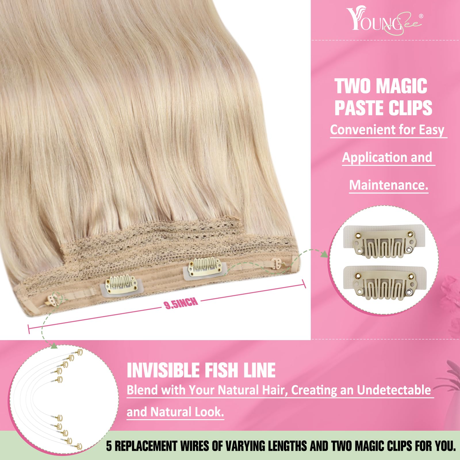 Youngsee 16 inch Invisible Wire Secret Halo Hair Extensions Human Hair Ash Blonde light with Bleach Blonde No Glue Hair Flip on Hair Extensions 11inch Width 80g/pack