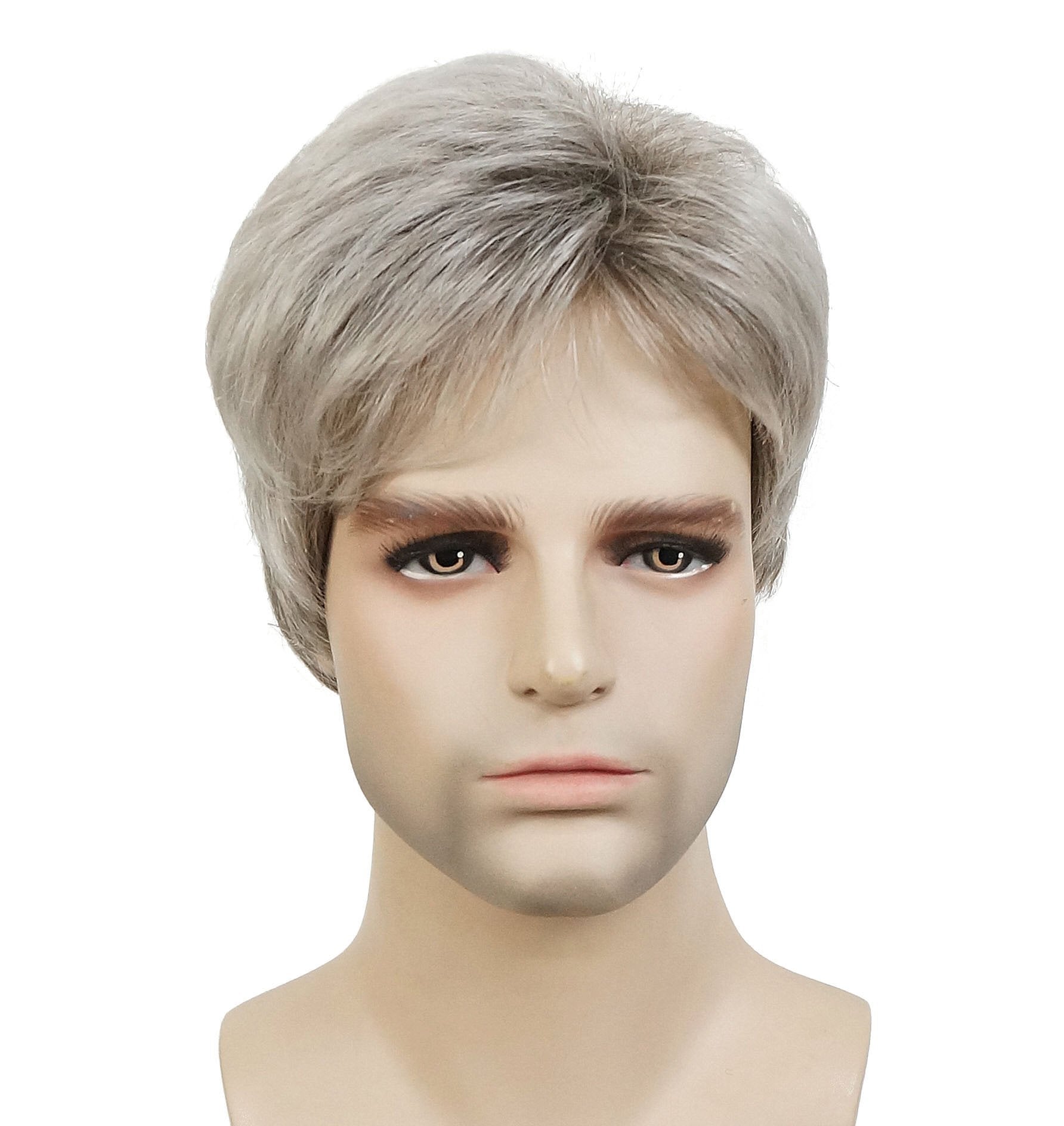 Lydell Men Wig Natural Short Straight Hair Synthetic Full Wigs (48T Light Gray with Dark Root)
