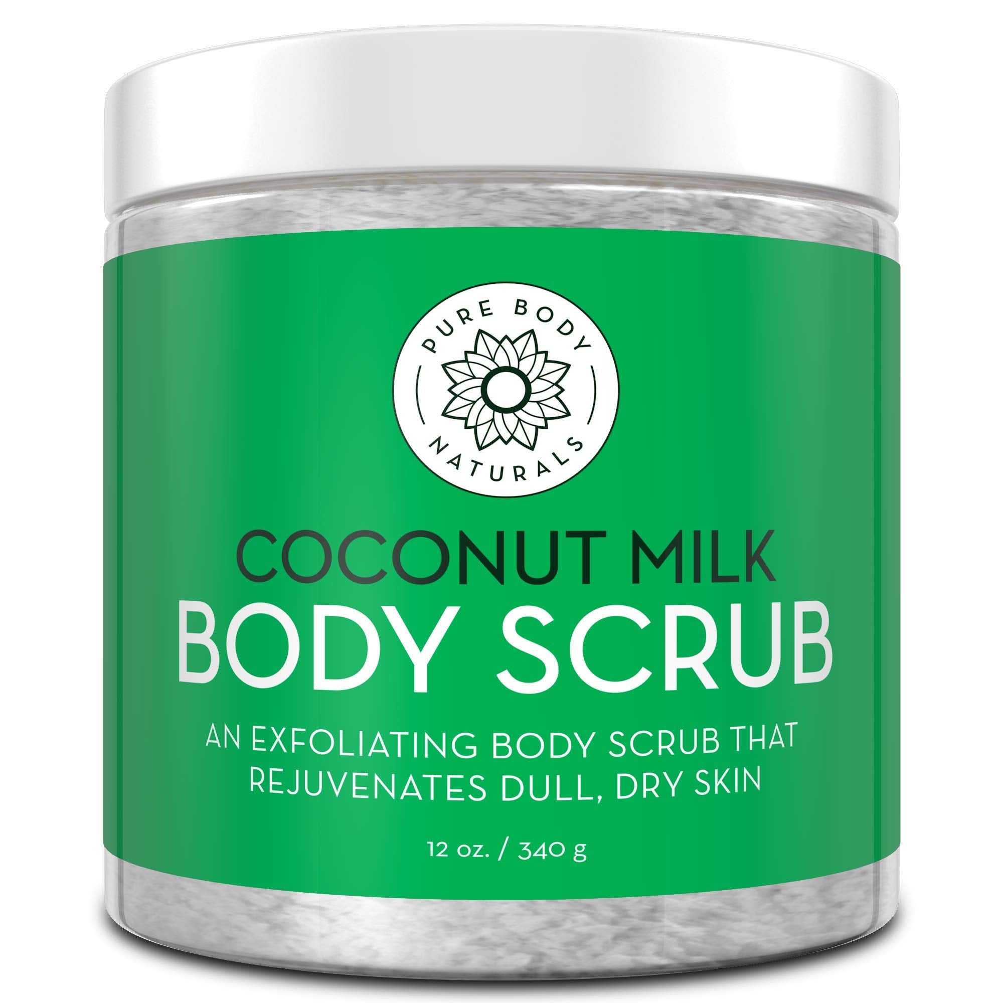 Pure Body Naturals Exfoliating Body Scrub with Hydrating Coconut Milk and Detoxifying Dead Sea Salt, Moisturizing Exfoliating Scrub, 12 Ounce (Packaging Varies)