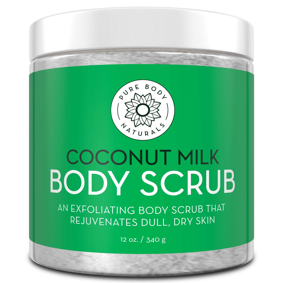 Pure Body Naturals Exfoliating Body Scrub with Hydrating Coconut Milk and Detoxifying Dead Sea Salt, Moisturizing Exfoliating Scrub, 12 Ounce (Packaging Varies)