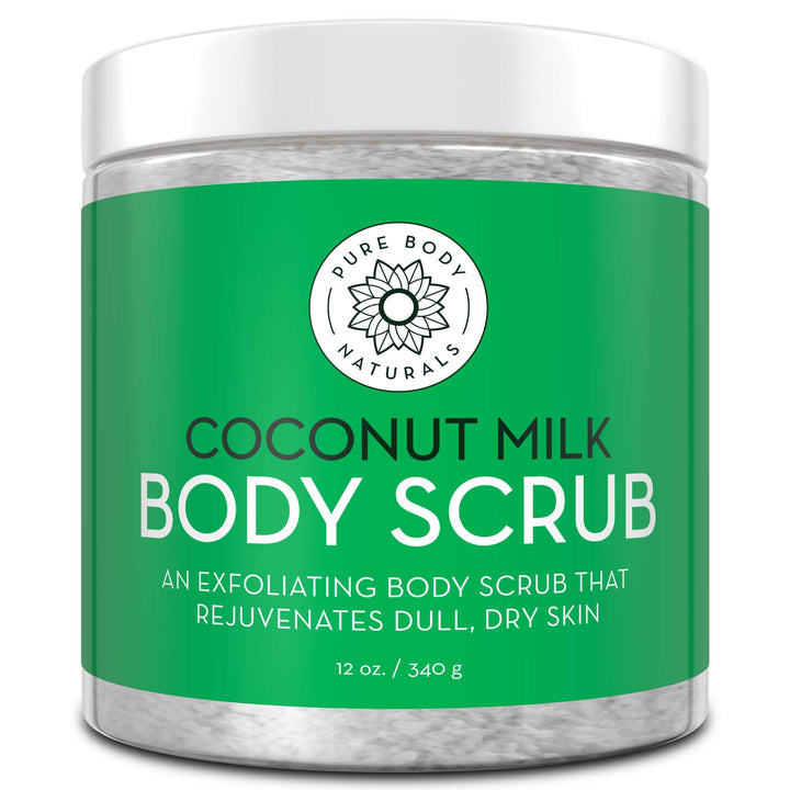 Pure Body Naturals Exfoliating Body Scrub with Hydrating Coconut Milk and Detoxifying Dead Sea Salt, Moisturizing Exfoliating Scrub, 12 Ounce (Packaging Varies)