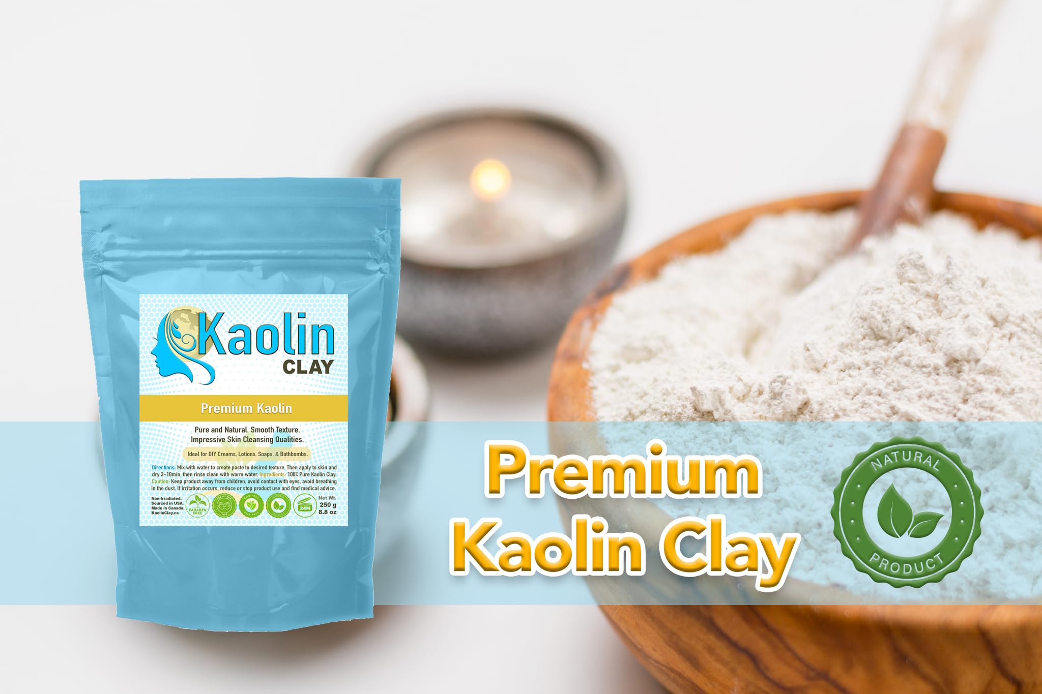 Pure Kaolin Clay - 100% Natural | 8.8 Ounces/250g | Smooth and Silky Texture, Easy Mixing, Perfect for Face, Body, and Bathbombs