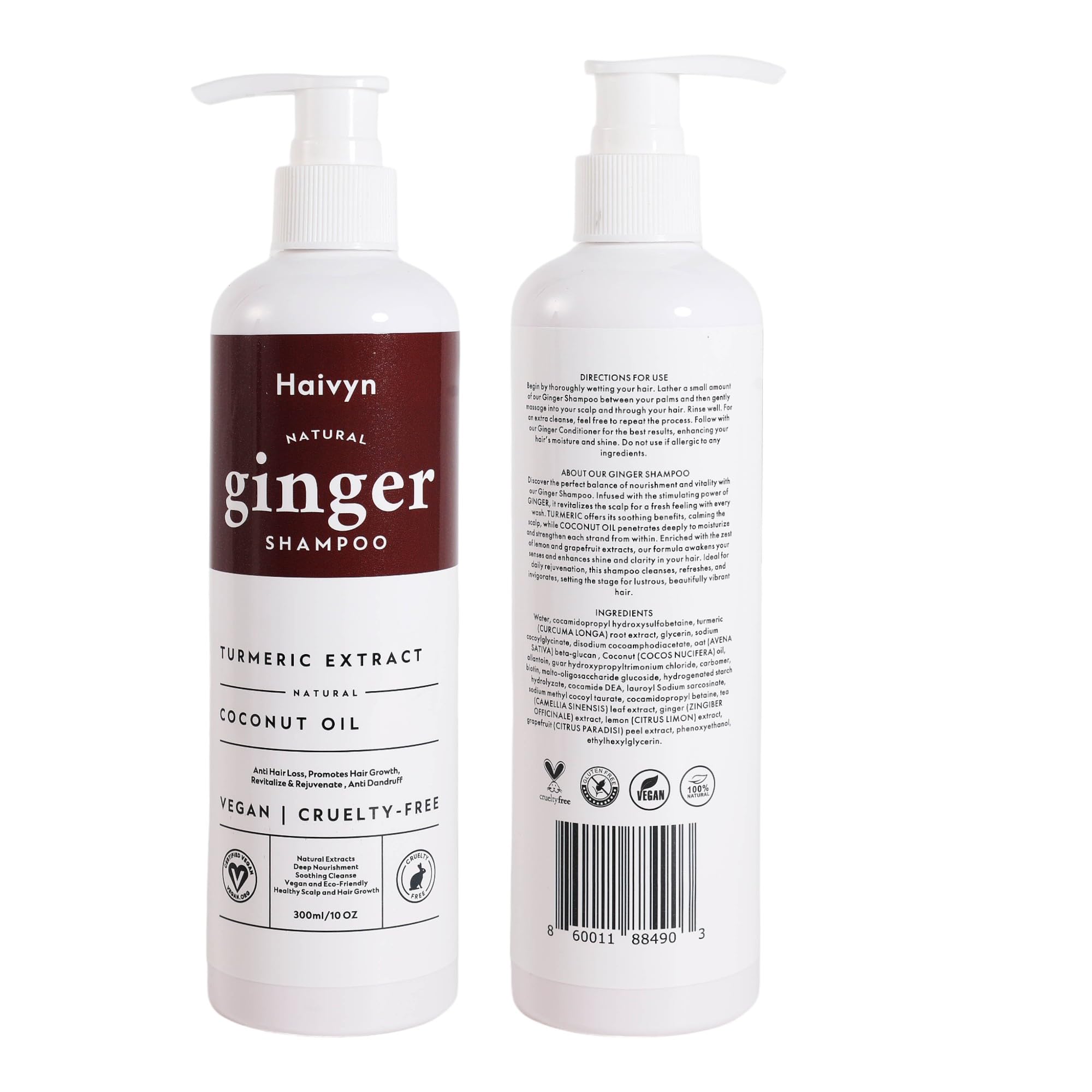 HAIVYN NATURAL GINGER SHAMPOO - REVITALIZING SCALP NOURISHMENT WITH TURMERIC, COCONUT OIL, AND CITRUS EXTRACTS, 300ML / 10 OZ
