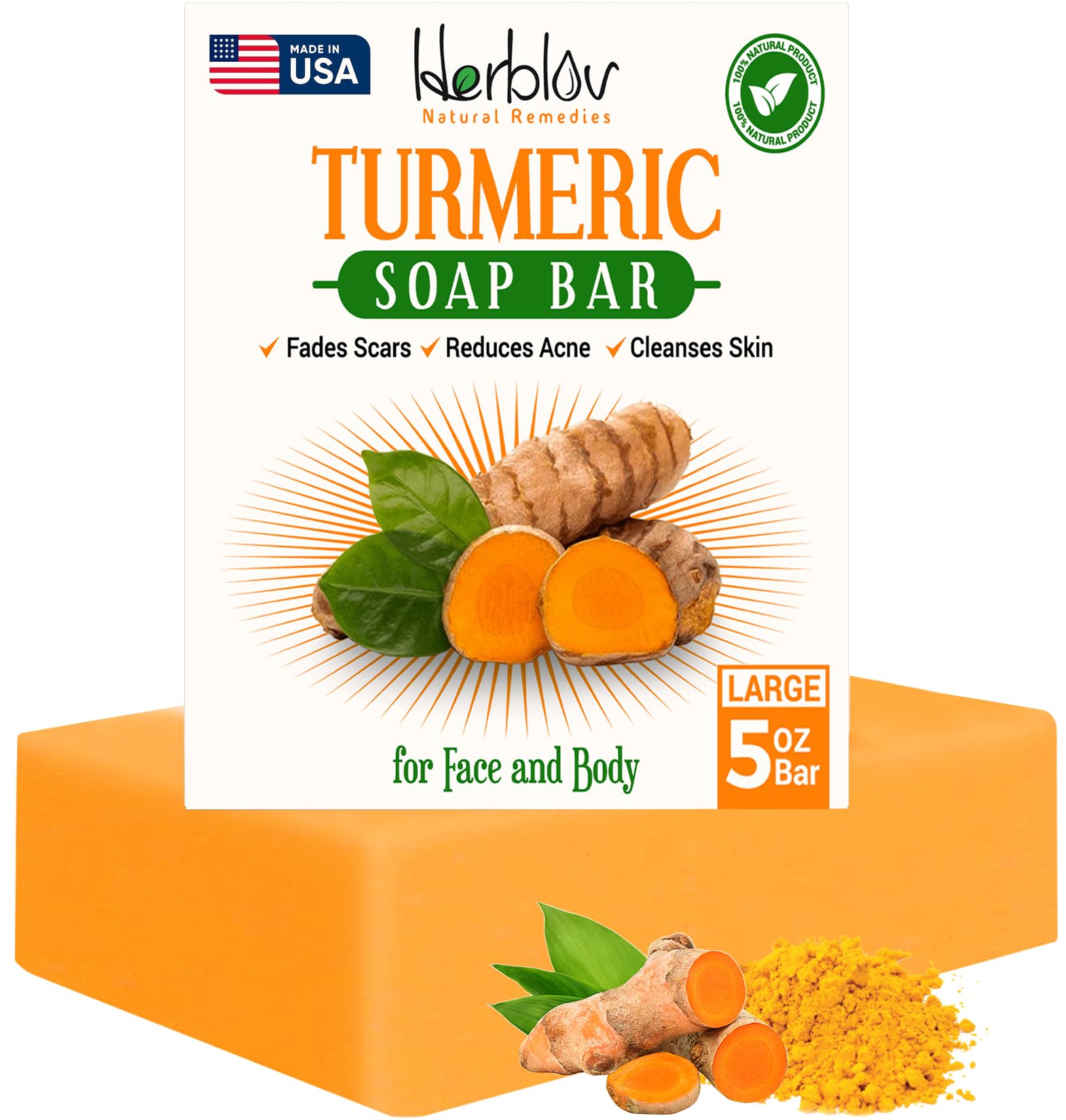 Natural Turmeric Soap Bar for Face & Body – Turmeric Skin Brightening Soap for Dark Spots, Intimate Areas, Underarms – Turmeric Face Wash Reduces Acne, Fades Scars & Cleanses Skin – 5oz Made in USA…