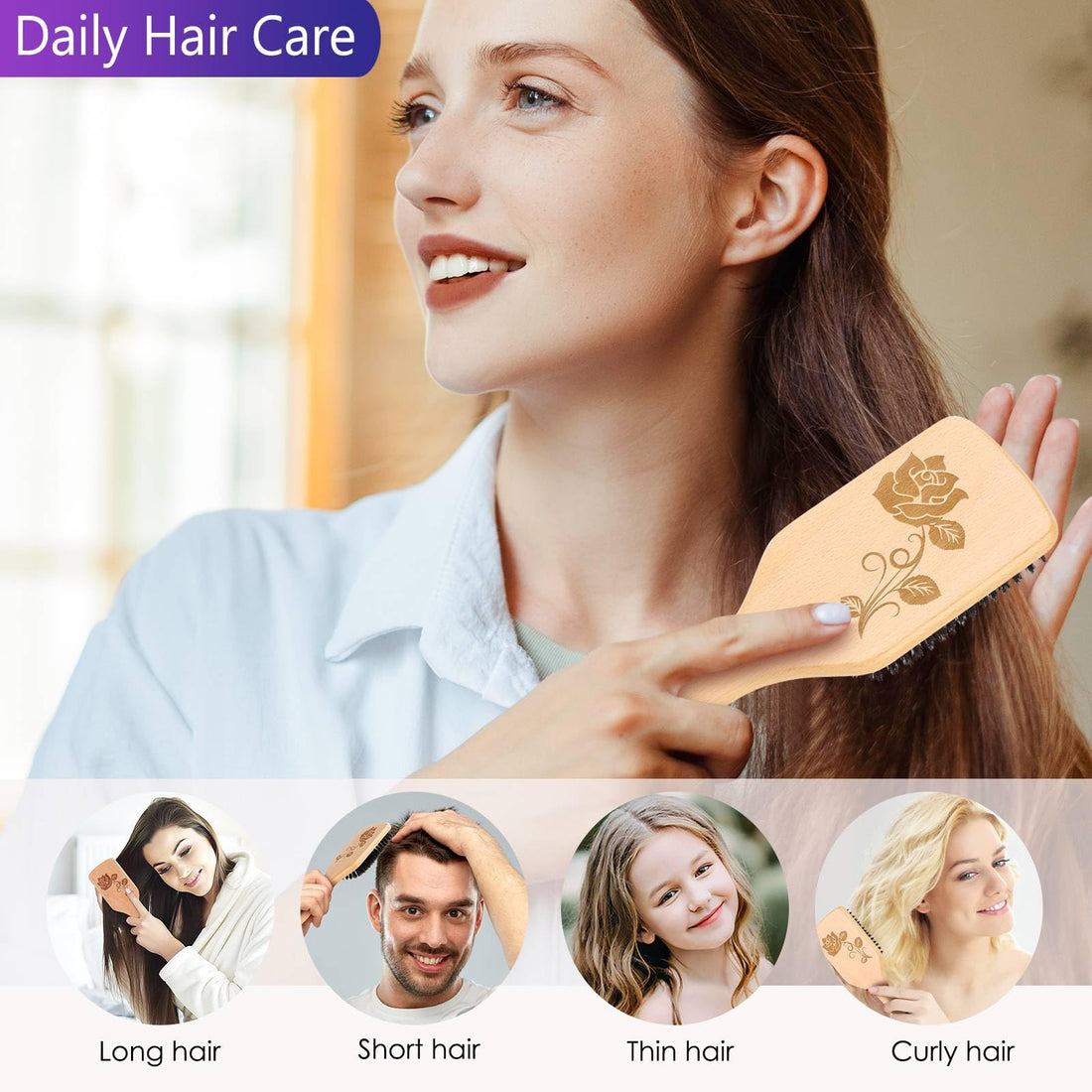 Sosoon Boar Bristle HairBrushes for Long,Thick,Thin,Curly&Tangled Hair-Preventing Hair Breakage and Reducing Frizzy, No Tangles