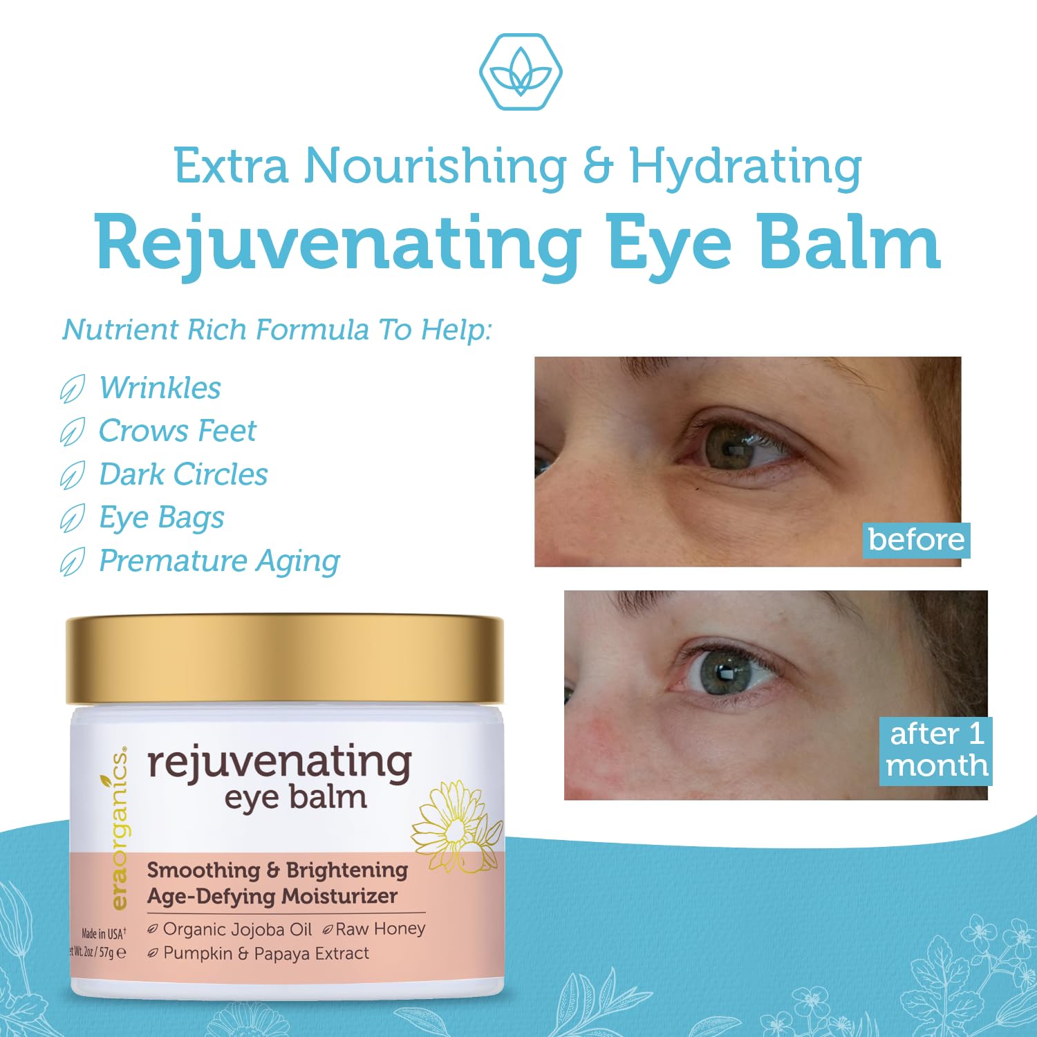 Rejuvenating Eye Cream (2oz.) Extra Nourishing & Moisturizing USDA Organic Anti Aging Eye Treatment for Dark Circles, Under Eye Bags, Puffiness & Wrinkles with Jojoba Oil, Argan Oil & More