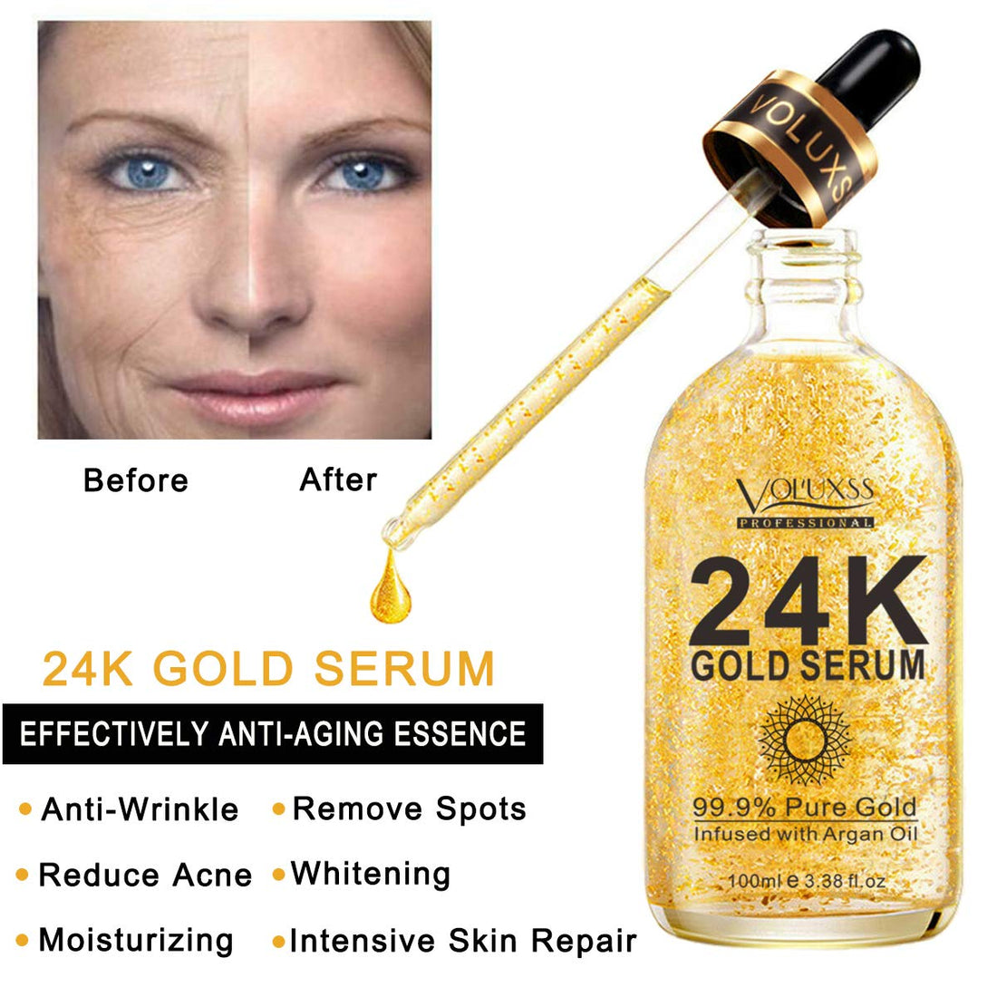Voluxss 24K Gold Serum for Face,Skin Brightening Anti Aging Face Serum Moisturizer with Vitamin C,Hyaluronic Acid & Argan Oil for Dark Spots & Fine Lines,Korean Skin Care Glow Collagen Booster Serum