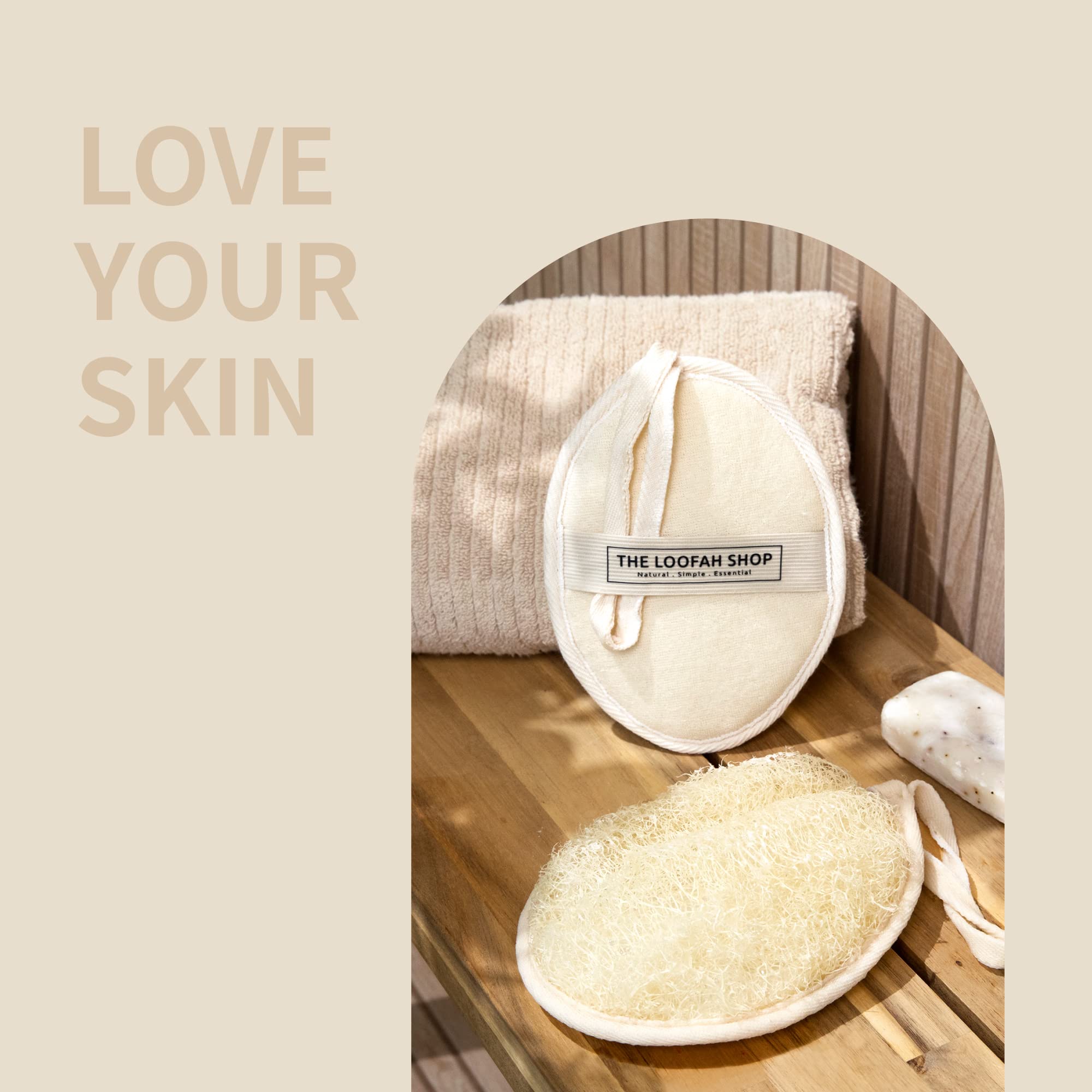 The Loofah Shop Bath Loofah Sponge, Exfoliating Body Scrubber, Shower Luffa for Men, Women and Kids Made of Eco-Friendly Natural Egyptian Loofah with Cotton Travel Pouch, 7 x 5.25 (1pack 2pcs)