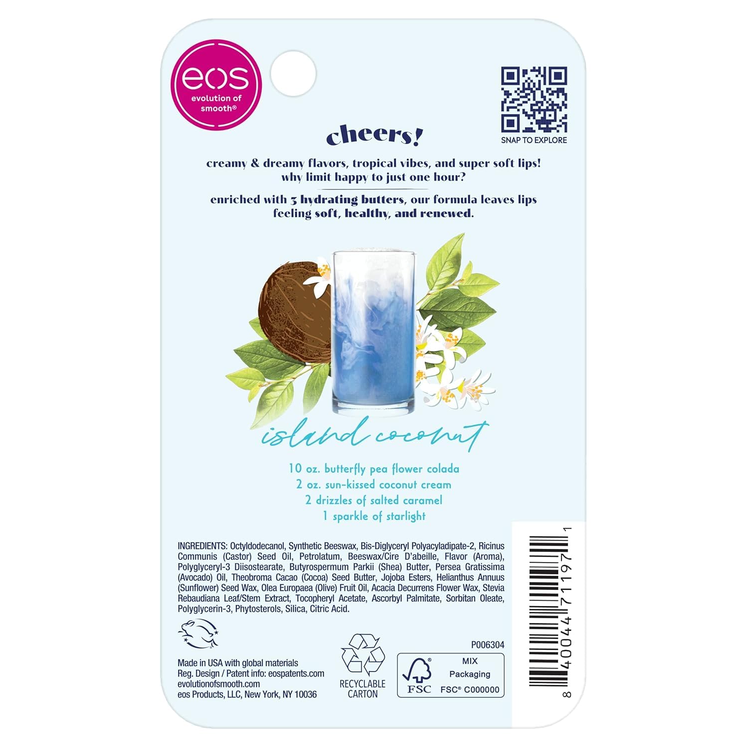 eos Sunset Sips Lip Butter Tube- Island Coconut, 24-Hour Moisture, Overnight Lip Mask, Lip Care Products, 0.35 fl oz (Pack of 2)