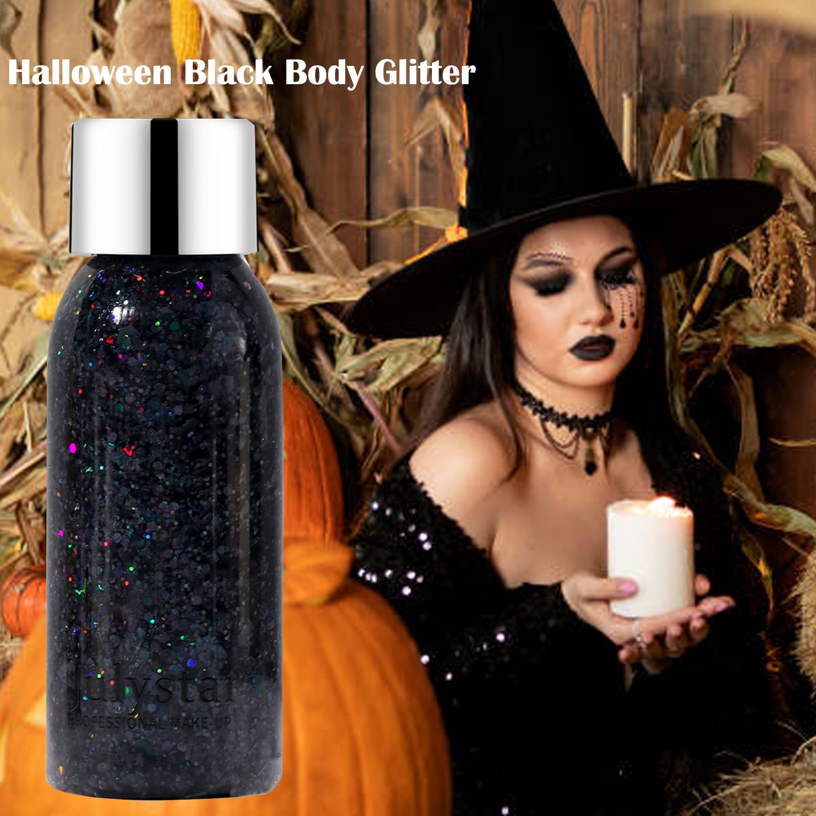 MEICOLY Black Body Glitter Face Glitter,Sparkling Chunky Glitter Hair Glitter,Halloween Face and Body Glitter,Intense Glitter Makeup Glitter Paint,Festival Body Glitter Gel for Women