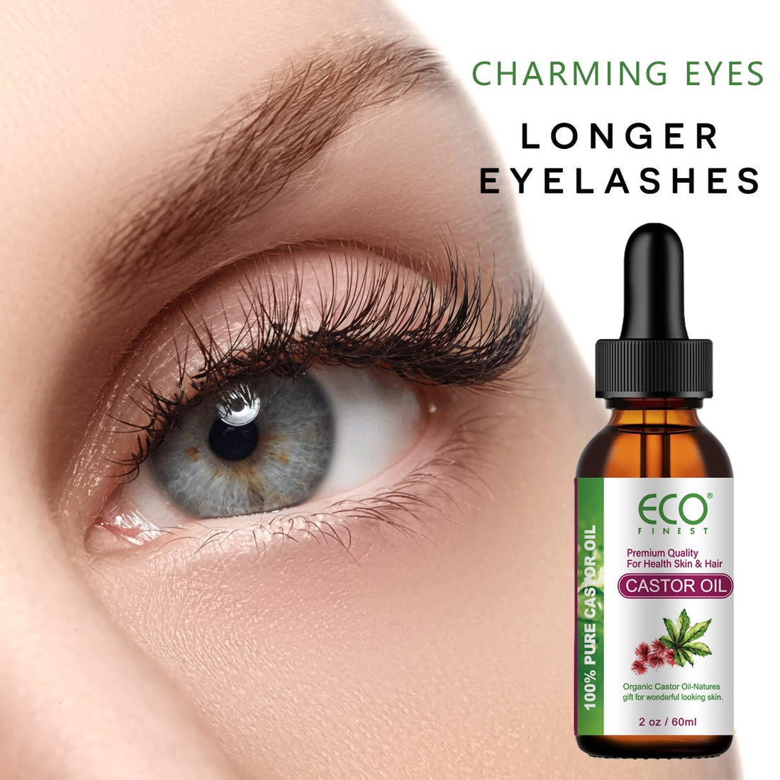 ECO Pure Natural Cold Pressed Organic Castor Oil, Suitable for Eyelashes, Eyebrows, Hair, Skin, and Nails, Nourishing and Moisturizing -20oz/60ml