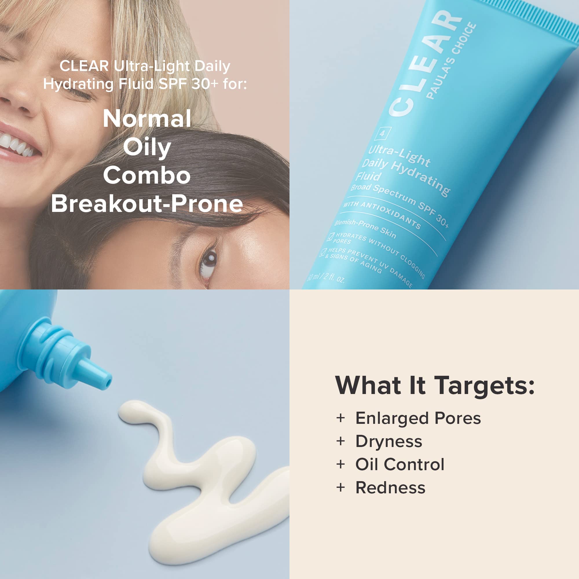 Paula's Choice CLEAR Ultra-Light Hydrating Oil Free Face Sunscreen & Moisturizer, SPF 30 Sunscreen for Face with Green Tea & Chamomile, Pore Minimizer for Blemish- Prone Skin, UVA/UVB Protection, 2oz