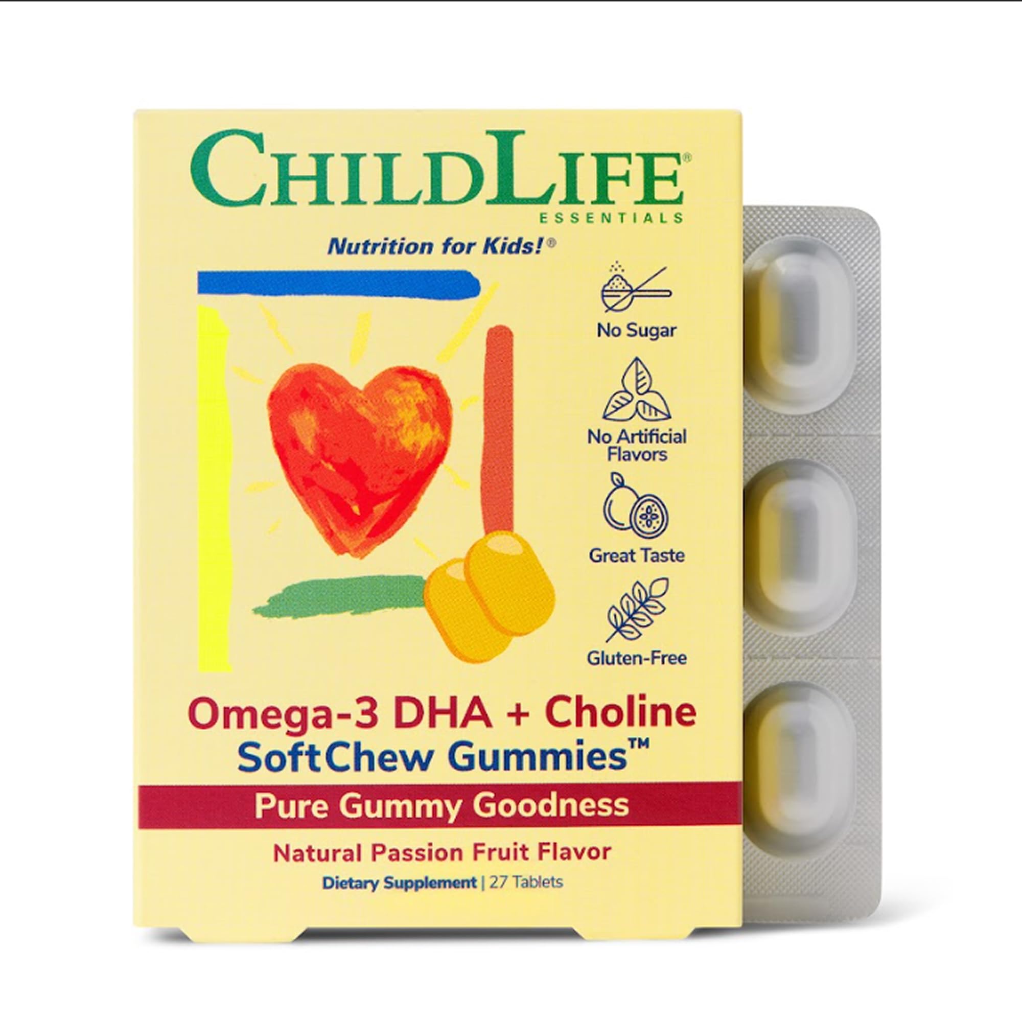 CHILDLIFE ESSENTIALS Omega-3 DHA + Choline SoftChew Gummies - for Kids, DHA for Kids, Omega 3 Gummies with Choline, Fish Oil for Babies, Toddlers & Children - Natural Passion Fruit, 27 Tablets