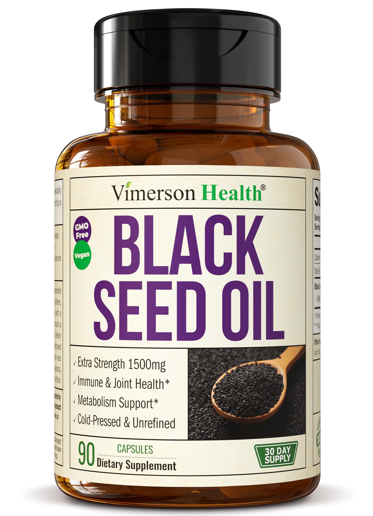 Black Seed Oil Capsules | Cold Pressed Blackseed Oil. Provides Vitamin E & Omega 3 6 9. High Potency (1500mg) for Immune Support, Antioxidants, Digestion, Hair Skin and Nails. Vegan. Non-GMO. 90 Caps