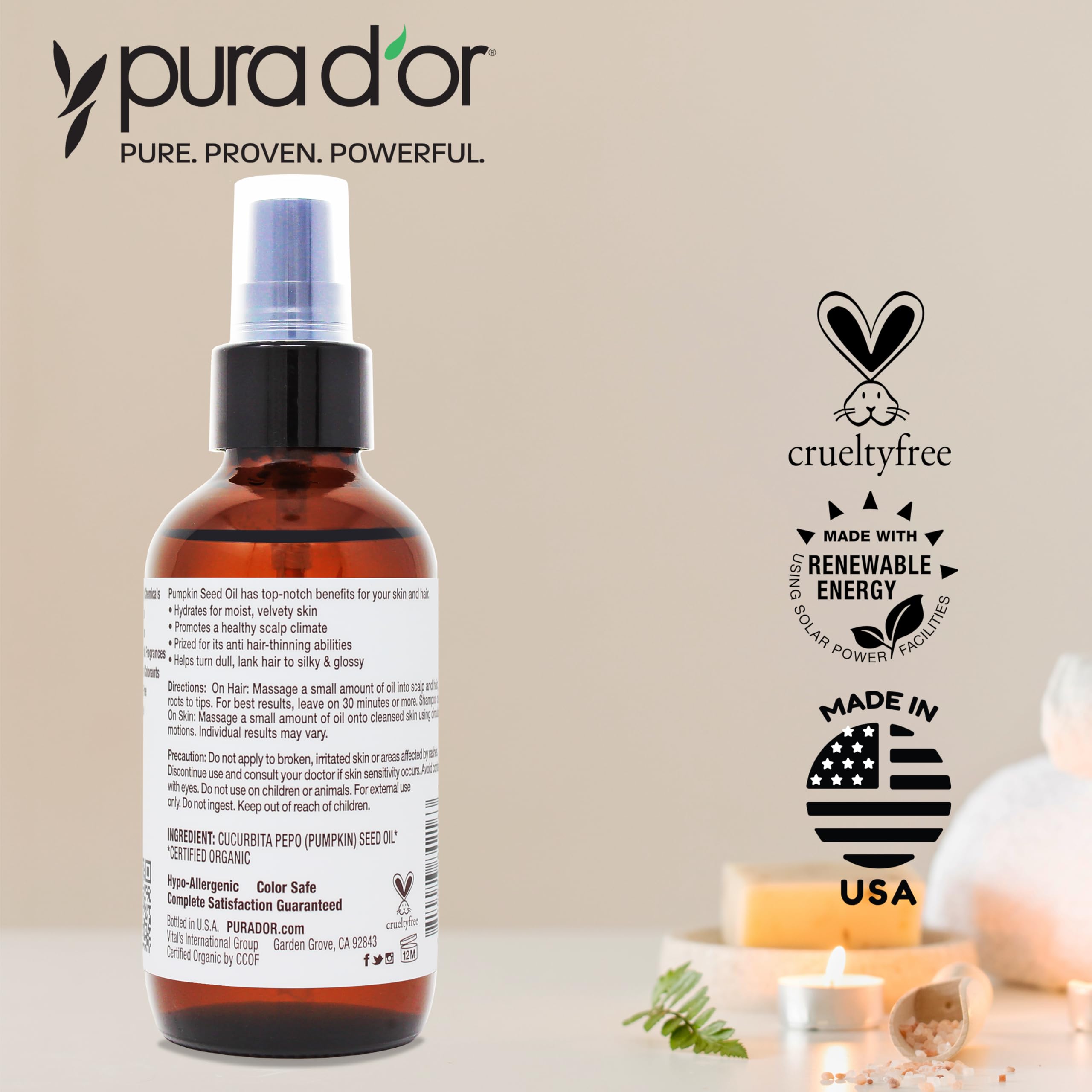 PURA D'OR 4 Oz Organic Pumpkin Seed Oil - 100% Pure USDA Certified Premium Grade Body Oil & Hair Growth Serum - After Shower Body Oil For Women & Men - Cold Pressed, Unrefined, Hexane-Free Skin Oil
