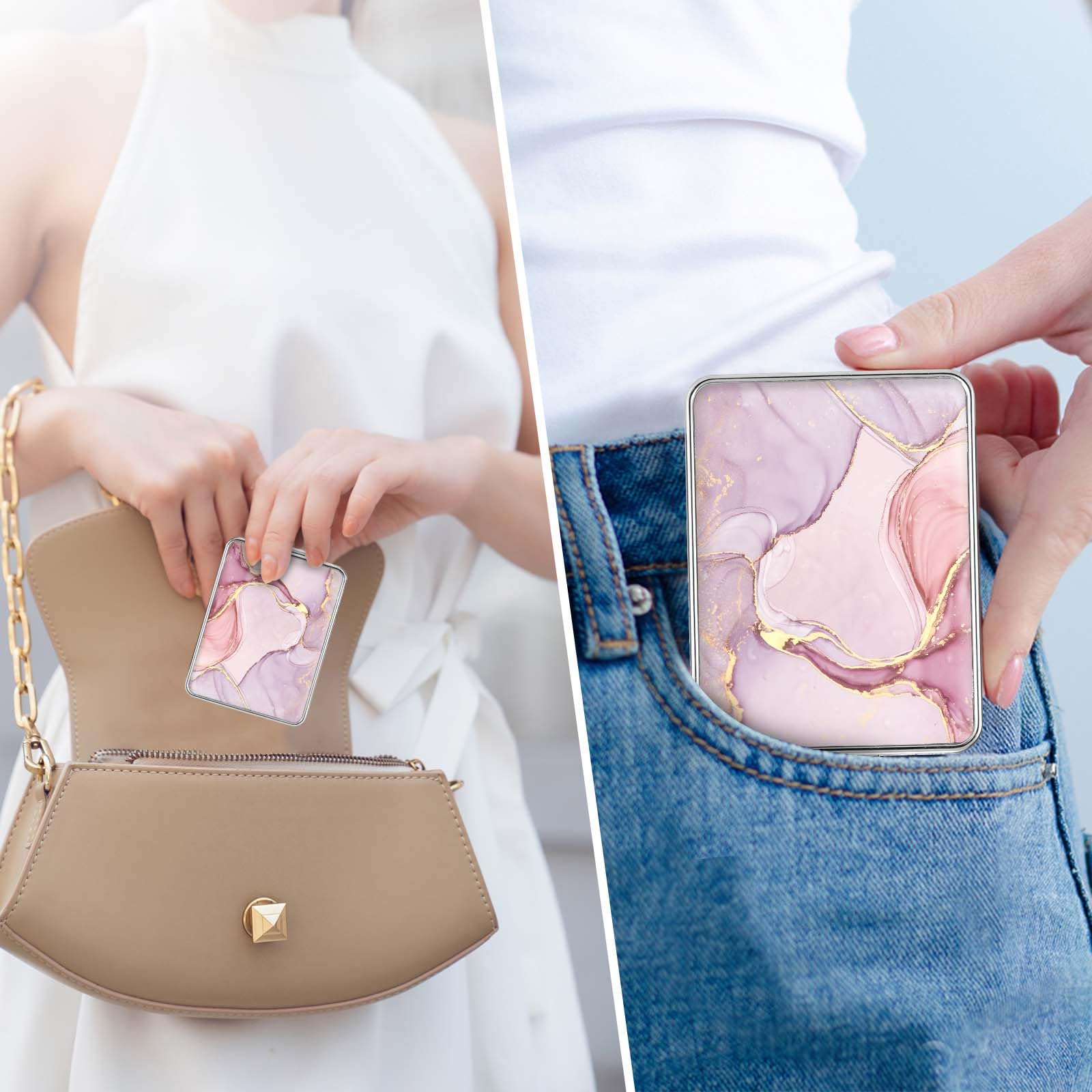 dcdcee Pocket Mirror, Small Travel Mirror with Magnification, Portable Double-Sided Magnifying Cosmetic Mirror for Daily (Pink Marble)