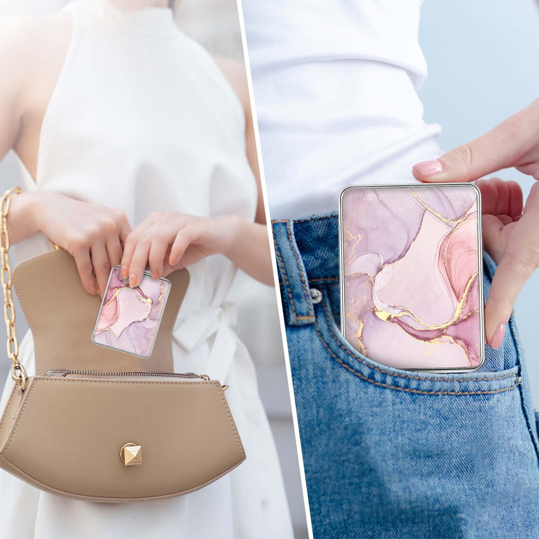 dcdcee Pocket Mirror, Small Travel Mirror with Magnification, Portable Double-Sided Magnifying Cosmetic Mirror for Daily (Pink Marble)