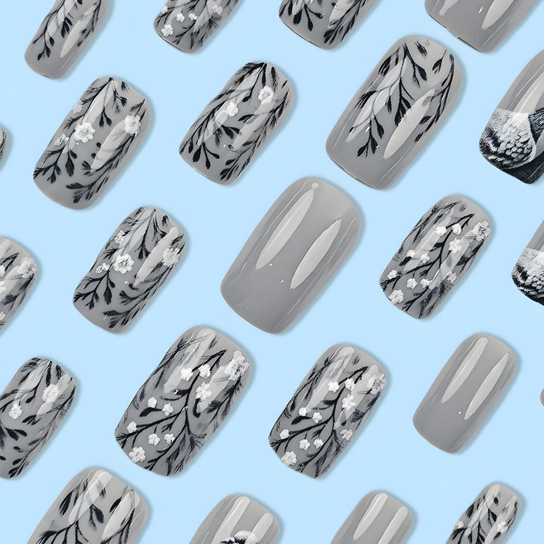 Medium Square White Flower Press on Nails Dove of Peace False Nails 24Pcs Black Leaves Acrylic Fake Nails Glossy Ash Pigeon Stick on Nails Spring Flower Gel Glue on Nails for Coquette Women Girls