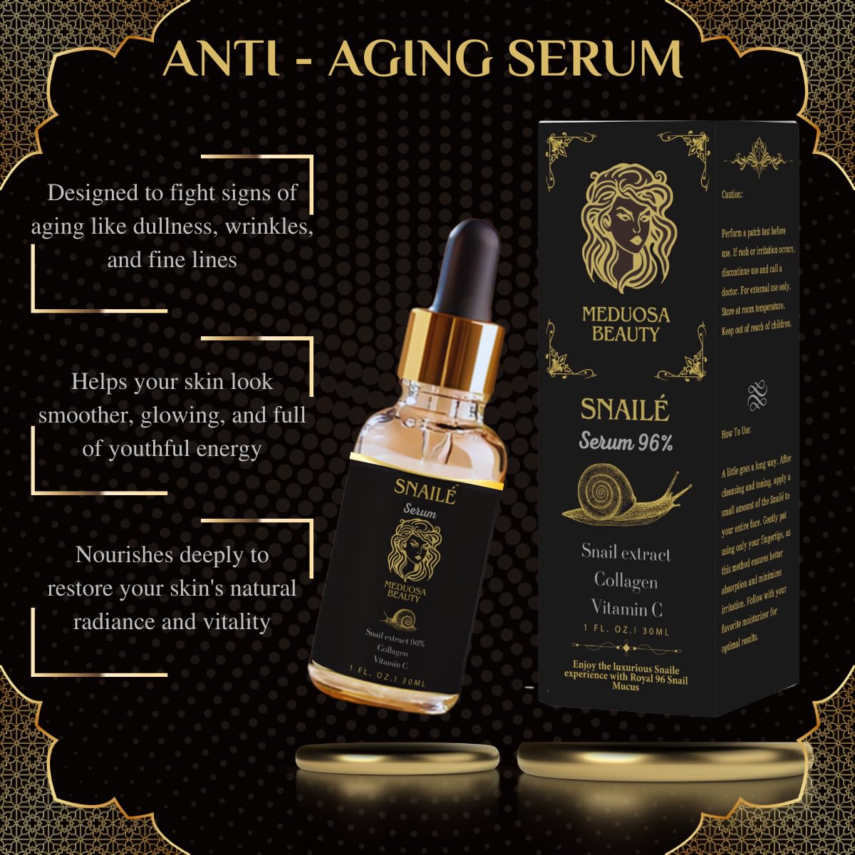 Snail Mucin 96% Serum for Sensitive Skin, Snail Power To tighten the face and neck, Dark Spots, Anti-Aging, Acne, Moisturizer, for Women and Men, Vitamin C, 30 fl oz.