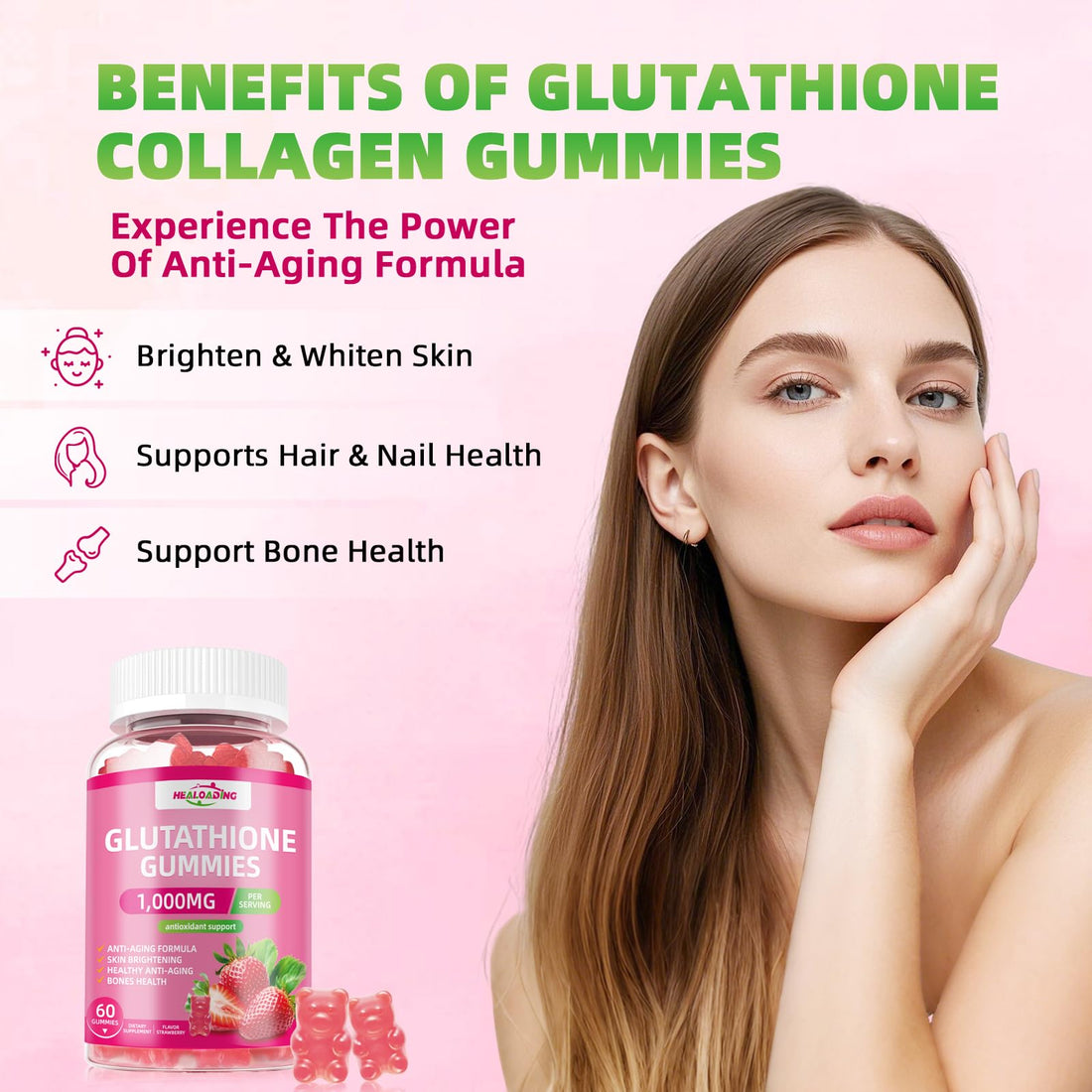 HEALOADING Glutathione Supplement Collagen Gummies: L-Glutamine Contains Marine Collagen Vitamins C, E, D&B12 Glutathione Gummies 1000mg for Anti-Aging Formula and Strengthen Bones