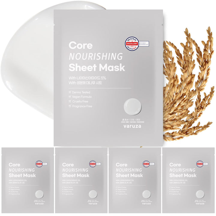 Core Nourishing Sheet Masks with Niacinamide Serum 5% for Dry Skin Tranexamic Acid, Rice Face Mask for Glass Skin Care, Moisturizing Glowing & Anti-Aging, Cruelty Free, Fragrance Free 5 Count