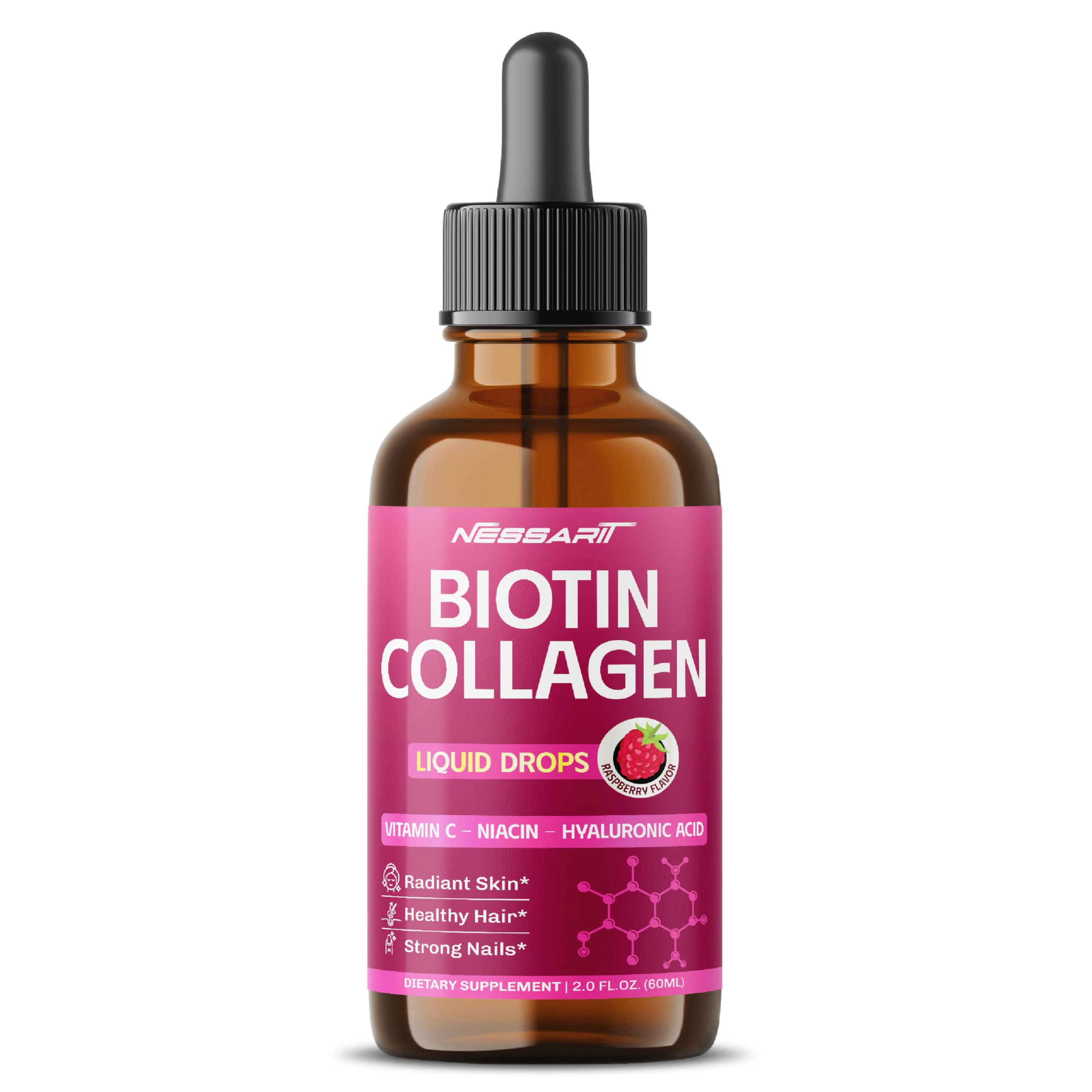 NESSARIT Biotin Collagen Liquid Drops 80,000mcg - Vitamin C, Niacin, Hyaluronic Acid - Radiant Skin, Healthy Hair, Strong Nails - Raspberry Flavor - Made in USA - 2.0 fl oz (60ml)