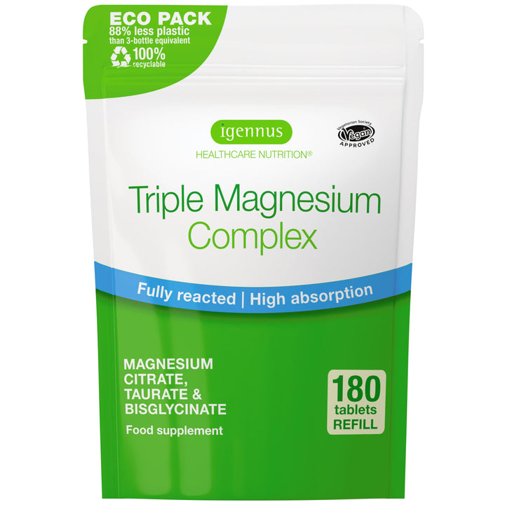 Igennus Advanced Triple Magnesium Complex, Fully Reacted & Chelated Glycinate, Taurate & Citrate, Clean Label, High Bioavailability & Absorption, 180 Tablets, Vegan, Non-Buffered