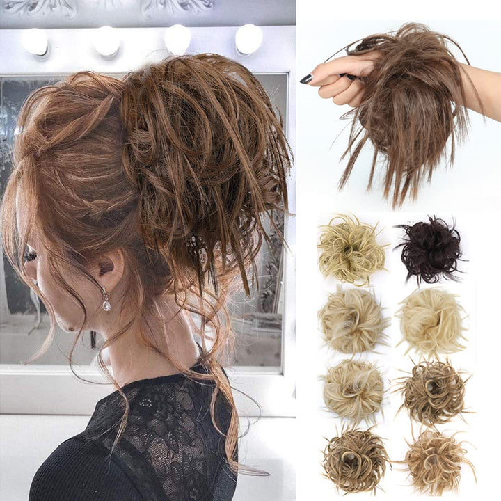 MSCHARM Tousled Updo Messy Bun Hair Piece Hair bun Extensions With Elastic Rubber Band Ponytail Hairpiece Scrunchies for Women (Light Brown)