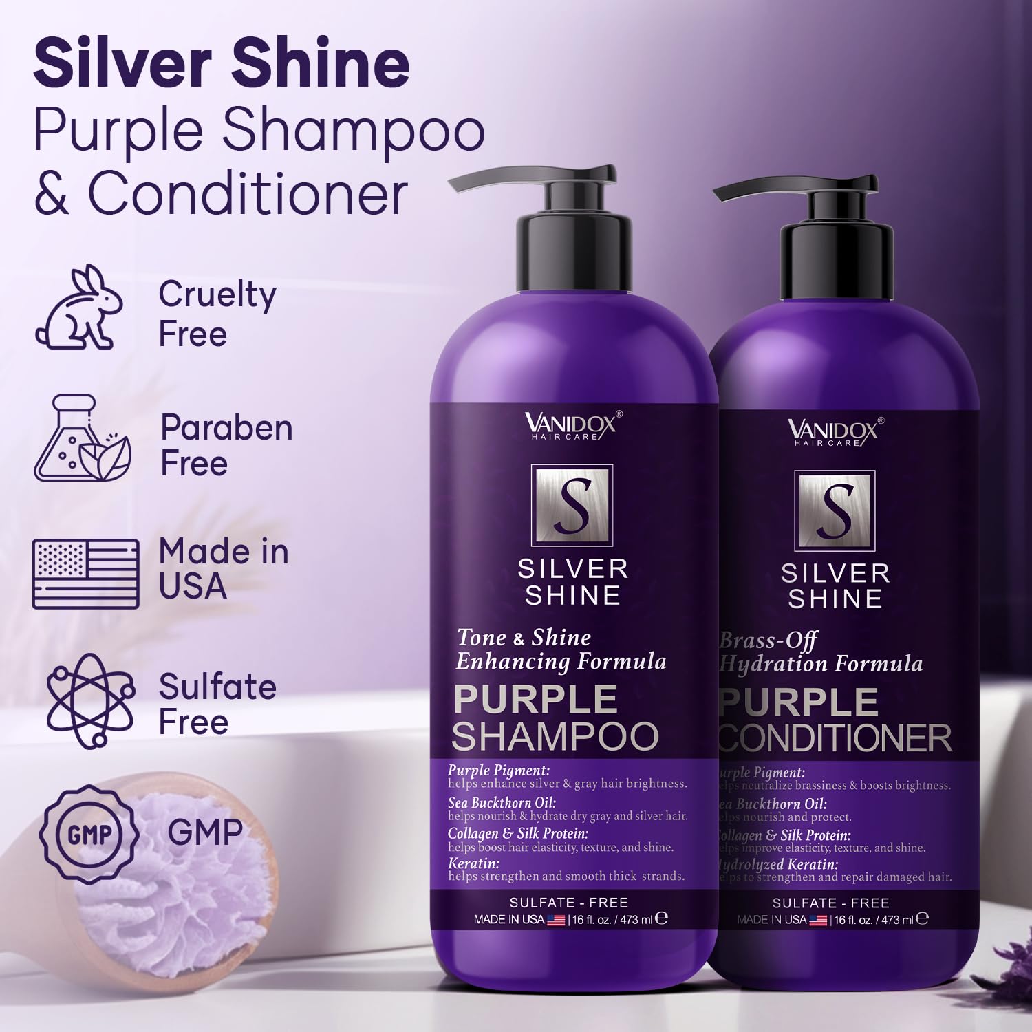 VANIDOX Sulfate Free Purple Shampoo and Conditioner Set for Grey and Silver Hair, Brass Toning with Infused Purple Pigment, for Women (16 fl oz each)