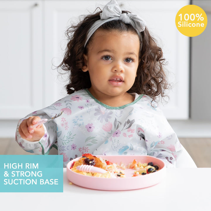 Bumkins Toddler and Baby Suction Plate, Silicone Grip Dish for Babies and Kids, Baby Led Weaning, Children Feeding Supplies, Non Skid Sticky Bottom, Platinum Silicone, Ages 6 Months Up, Pink