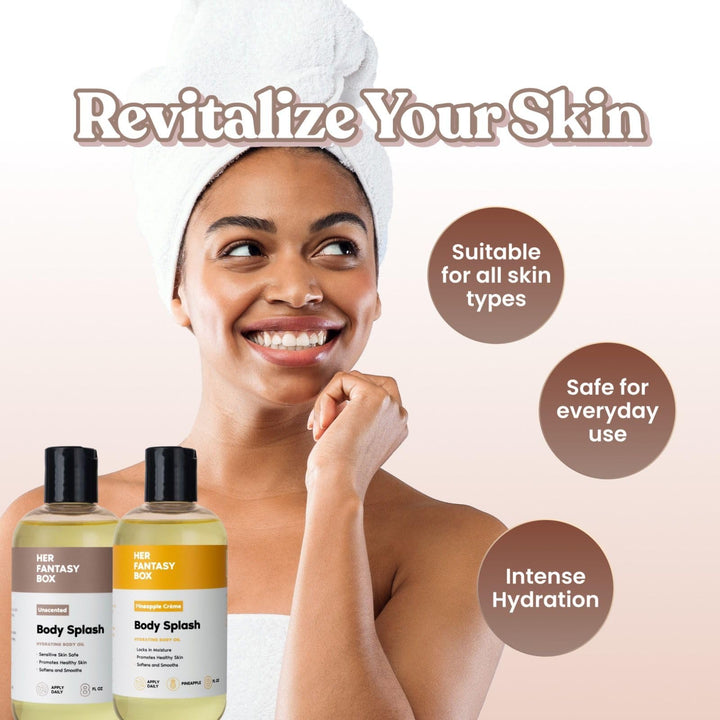 Her Fantasy Box Body Splash Hydrating Body Oil - Moisturizing, Non-Greasy Formula for Soft, Smooth Skin - All-Natural, Lightweight & Nourishing (8 Fl Oz, Unscented)