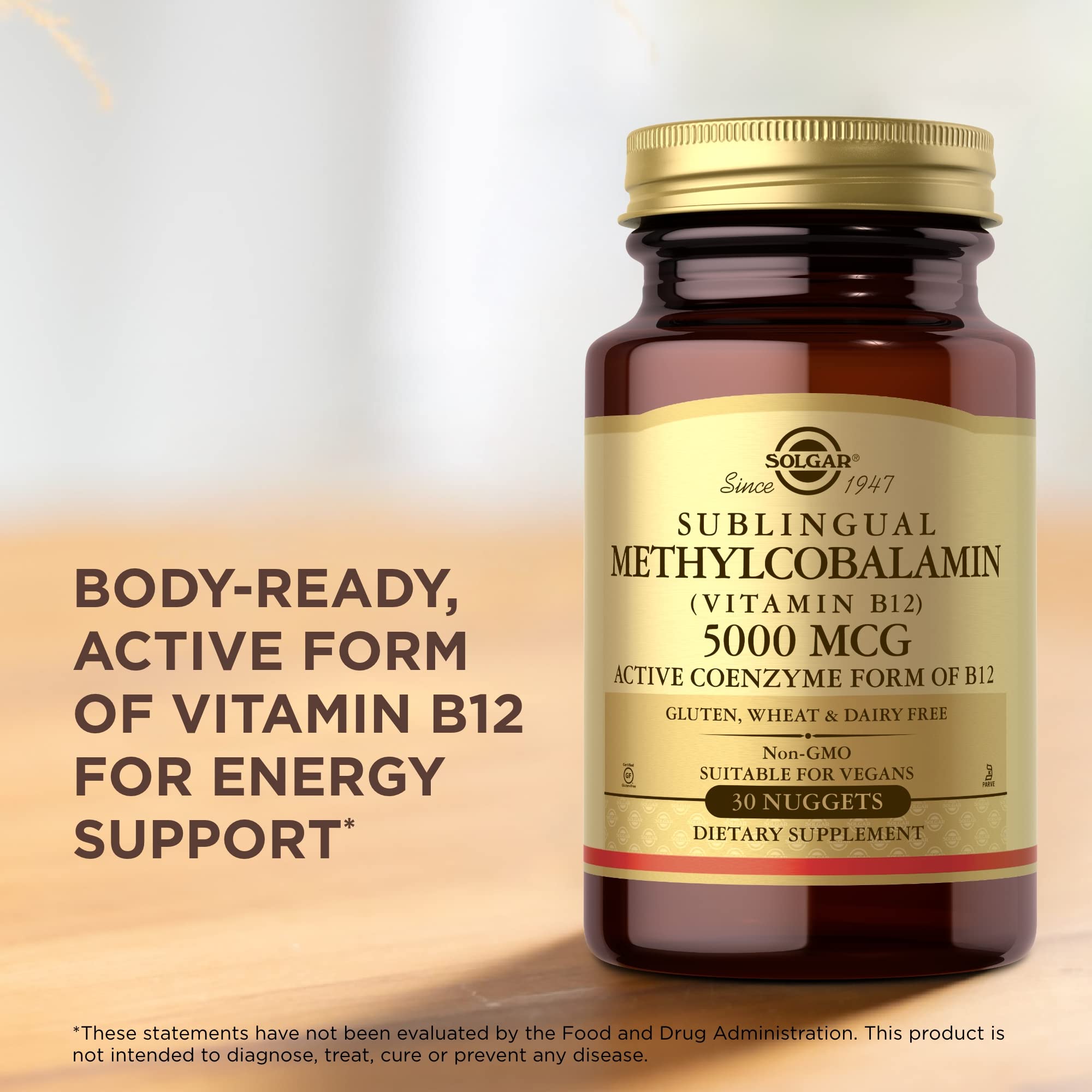 Solgar Methylcobalamin (Vitamin B12) 5000 mcg, 30 Nuggets - Cherry Flavor - Supports Energy Metabolism - Body-Ready, Active Form - Non-GMO, Vegan, Gluten Free - 30 Servings