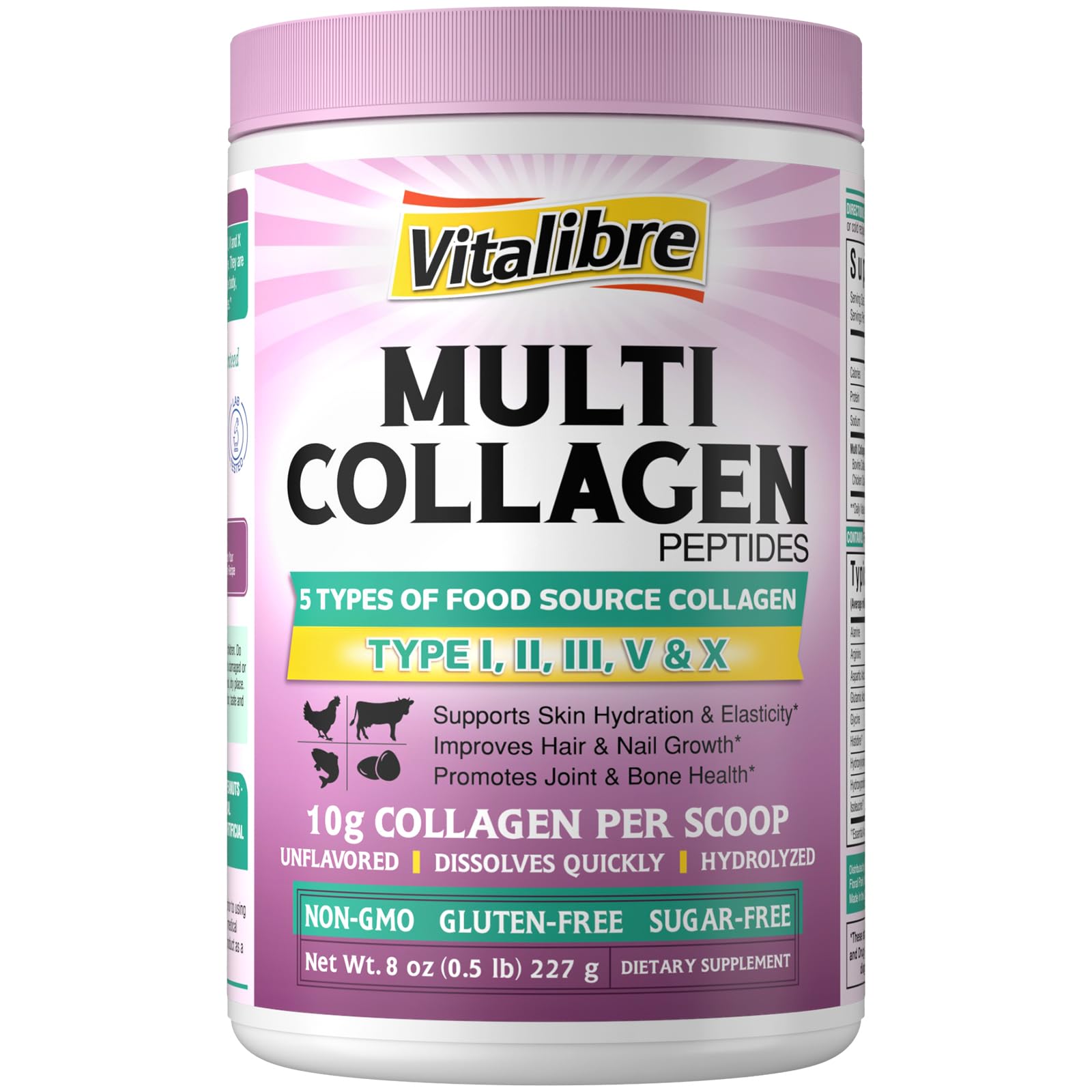Vitalibre Multi Collagen Peptides Powder Type I II III V X, Hydrolyzed Collagen Protein for Women and Men, Skin, Hair, Nails and Joints, Unflavored, Non-GMO, Keto & GF, Zero Sugar, 22 Servings, 8oz