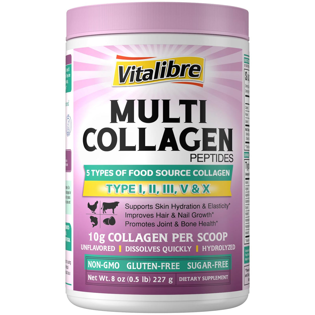 Vitalibre Multi Collagen Peptides Powder Type I II III V X, Hydrolyzed Collagen Protein for Women and Men, Skin, Hair, Nails and Joints, Unflavored, Non-GMO, Keto & GF, Zero Sugar, 22 Servings, 8oz