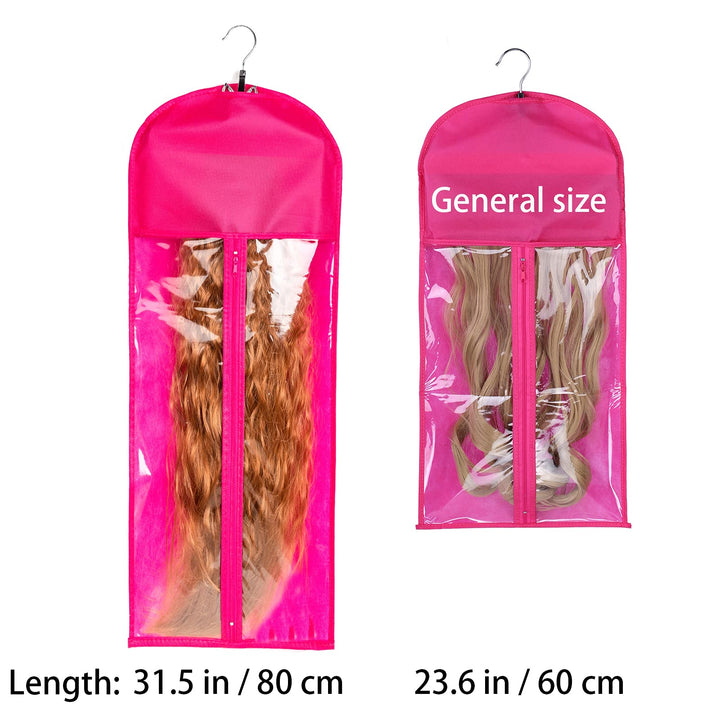 RJMBMUP 1 Pack Extra Long Hair Extension Holder Wig Storage Bag with Hanger Hairpieces Ponytail Bundles Storage Carrier Case for Store Style Hair Travel Hair Extensions Bag Pink Color