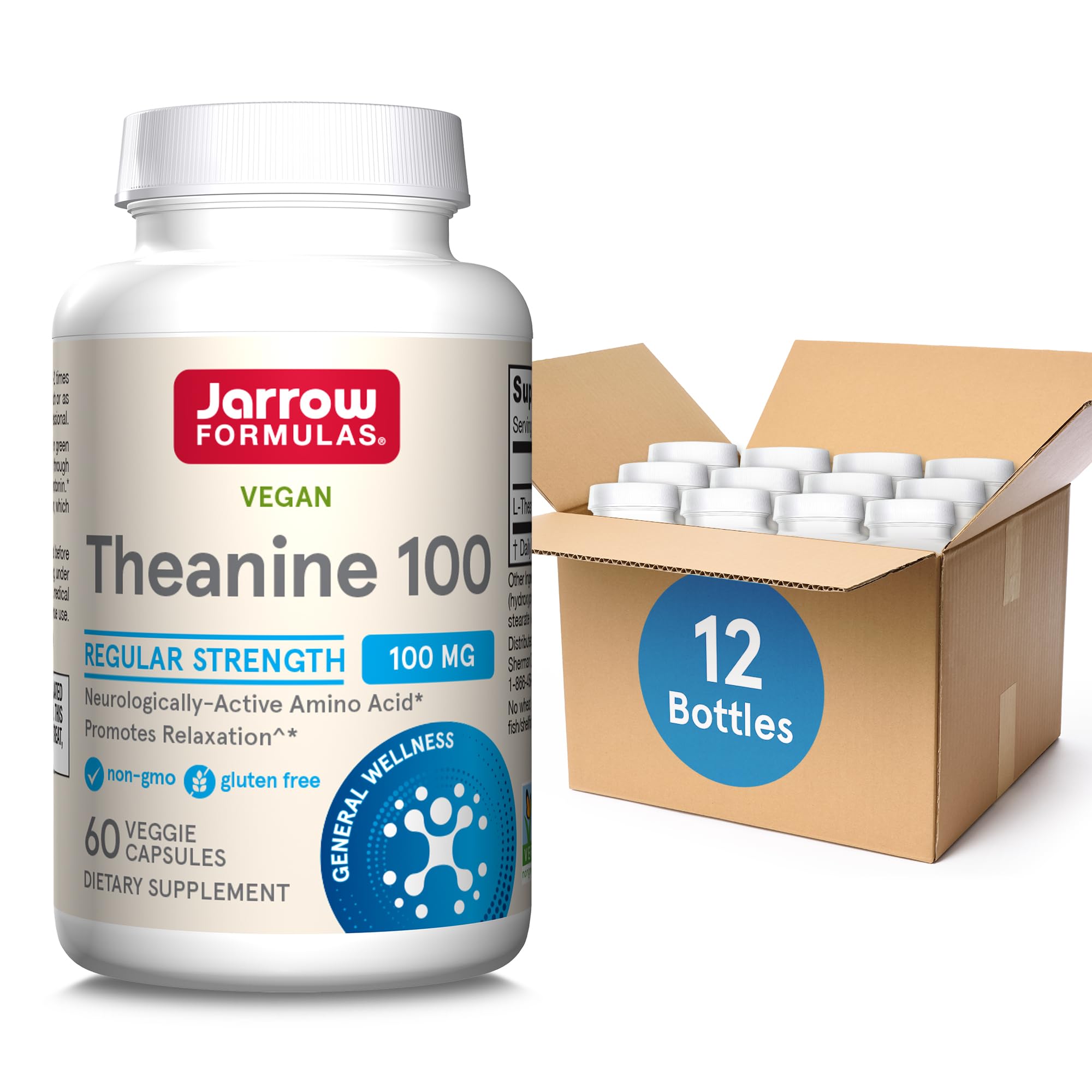 Jarrow Formulas Regular Strength Theanine 100 mg, Dietary Supplement That Promotes Relaxation, 60 Veggie Capsules, 60 Day Supply, Pack of 12
