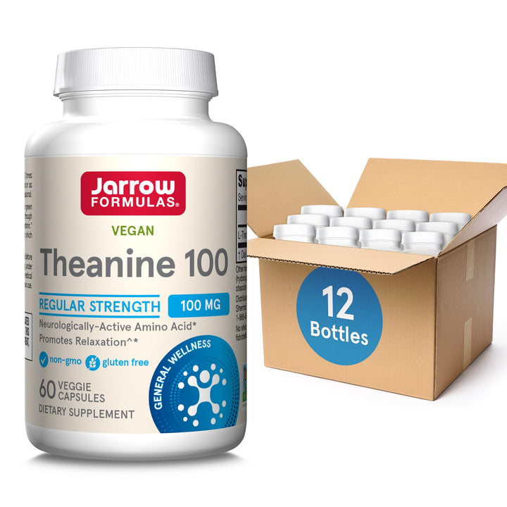 Jarrow Formulas Regular Strength Theanine 100 mg, Dietary Supplement That Promotes Relaxation, 60 Veggie Capsules, 60 Day Supply, Pack of 12