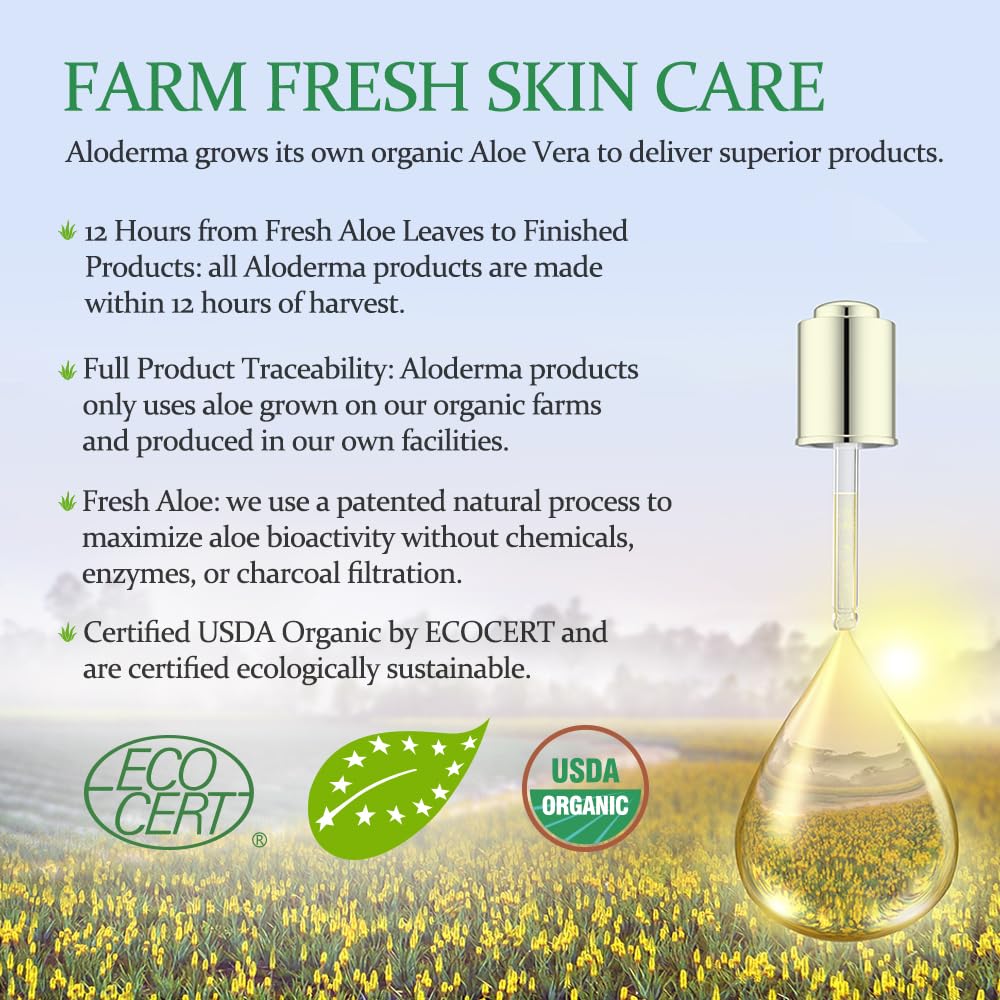 USDA Organic Aloe Vera Gel by Aloderma - 96% Pure Organic Aloe 7 oz; Made from fresh Aloe vera leaves, Not freeze-dried powder. (7 oz)