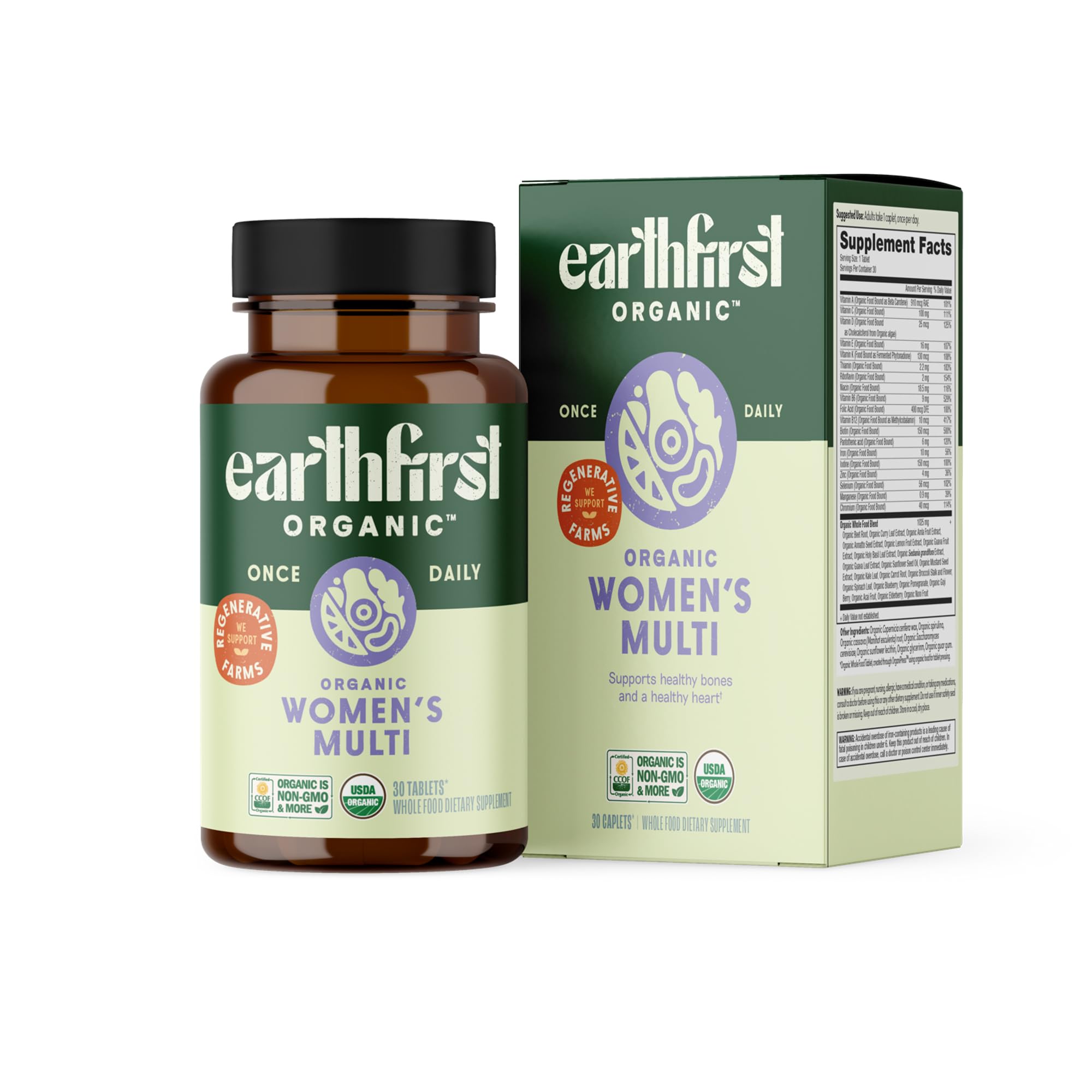 EarthFirst Organic Women’s Multi Once Daily, Women's Multivitamin, Iron, Vitamin B12 & More, 19 Vitamins from Herbs & Superfoods, 30 Count