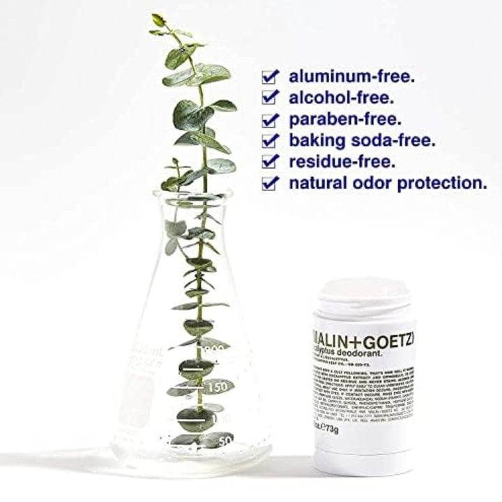Malin + Goetz Eucalyptus Deodorant, natural effective odor & sweat defense, for all skin types, clear color, no residue/stains, free of aluminum, alcohol, baking soda, parabens, cruelty free 2.6 Fl Oz