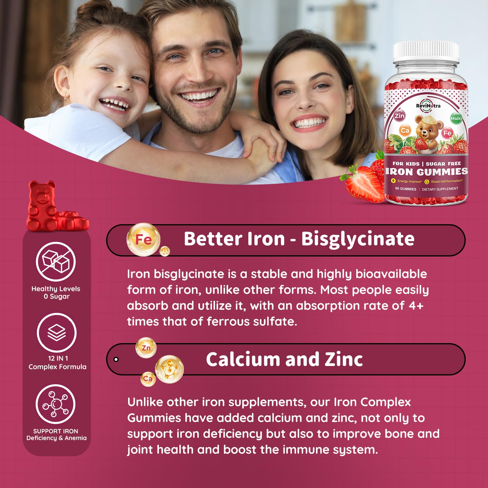 Iron Supplement Gummies for Kids - with Calcium, Zinc, Kids Multivitamin with Iron Gummies - Immune Support, Blood Builder & Energy Support for Iron Deficiency, Anemia, Vegan - 60 Gummies