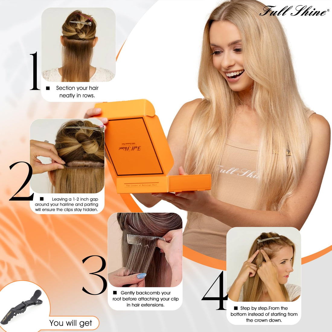 16 , #2#8 : Full Shine 16 100gram 10 Pcs Balayage Clip in Human Hair Extensions Best Rated Clip in Hair Extensions Color #2 Fading to Color #8 Full Head Clip in Hair Extensions