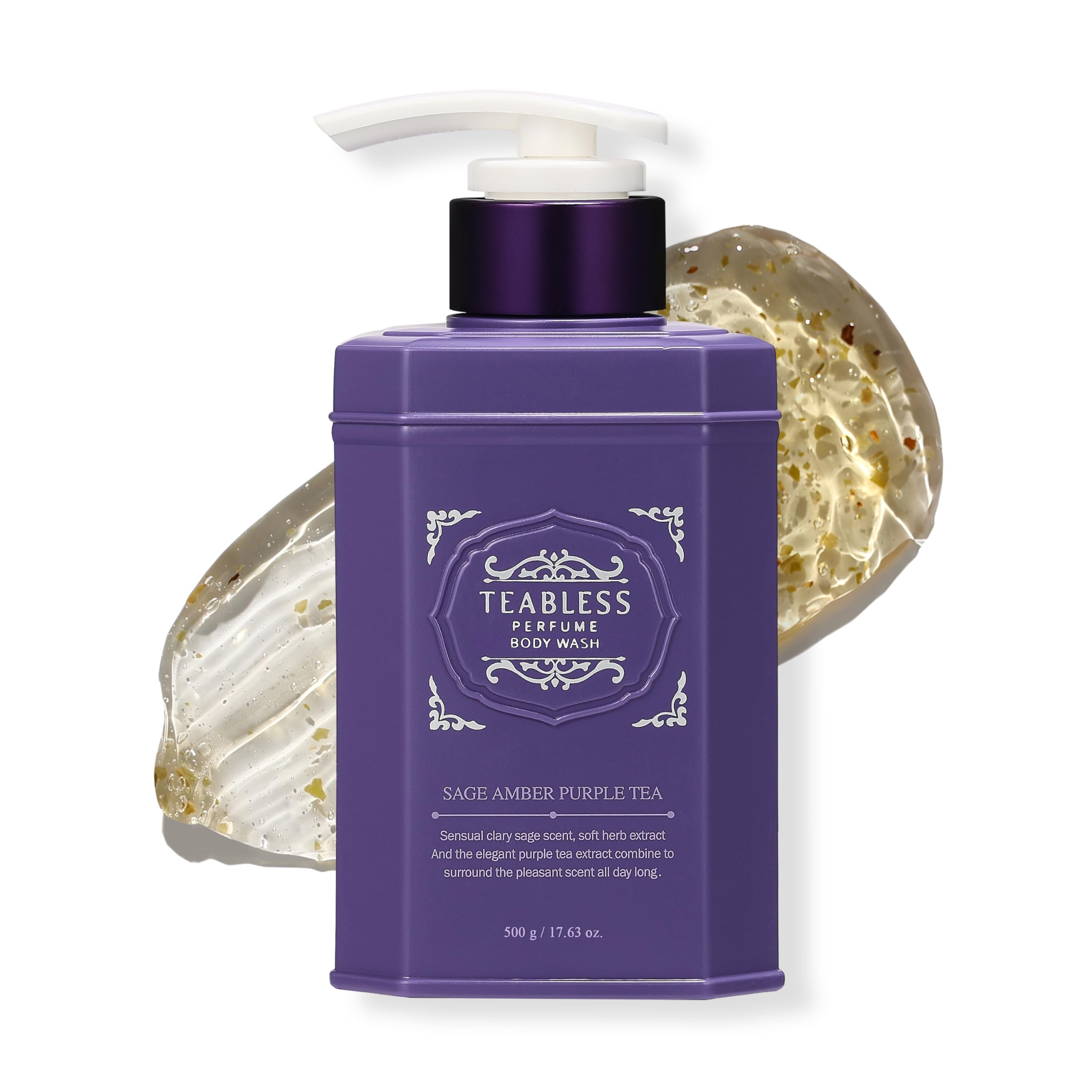 Perfumed Body Wash, Sage Amber Purple Tea (17.63oz/500ml) - Hydrating Body Cleanser for Sensitive Skin - Korean Skin Care with Herbs - Gentle, Moisturizing, Non-Sticky, Floral Woody Scent